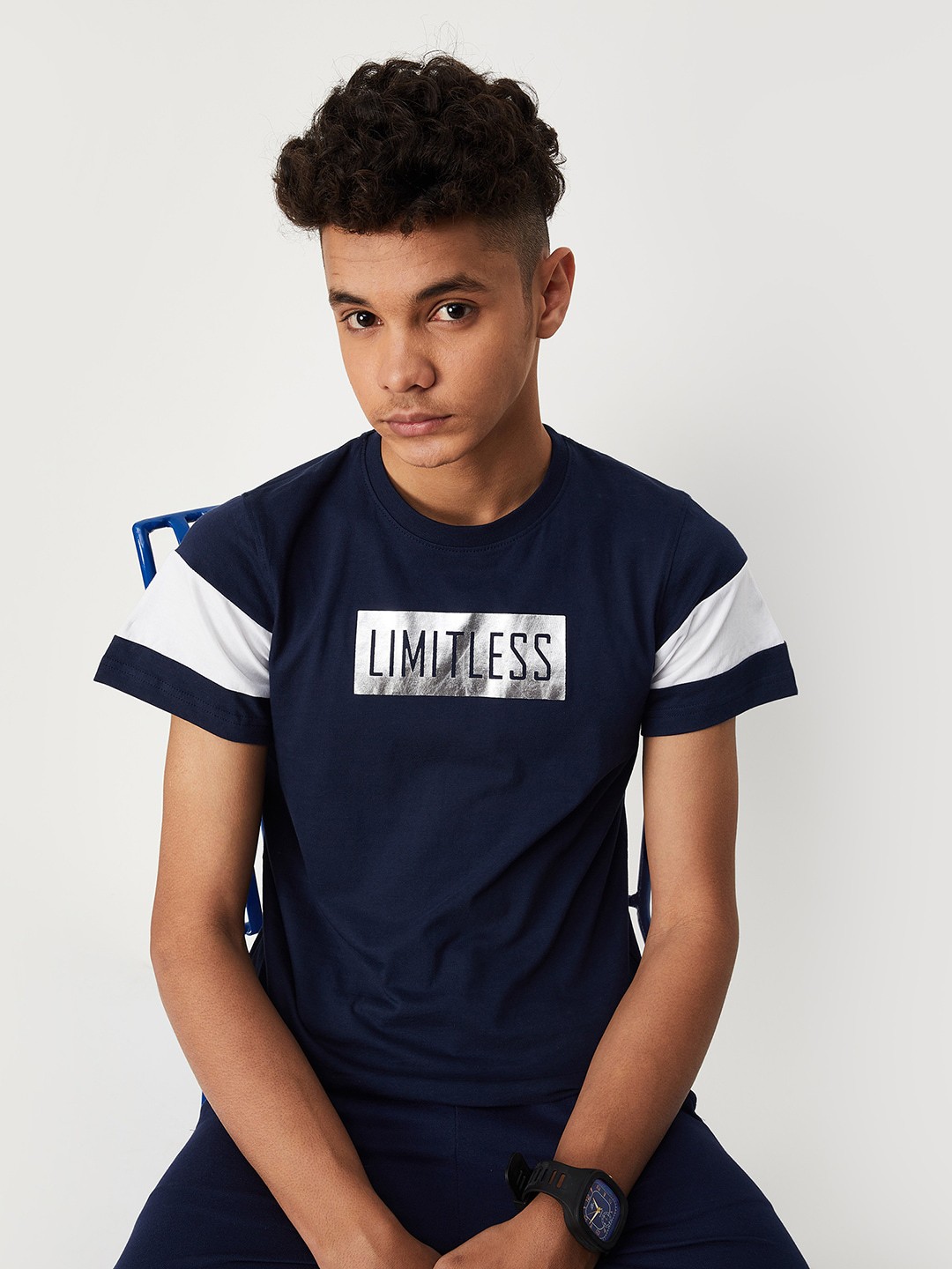 

max Boys Typography Printed Pure Cotton T-shirt, Blue