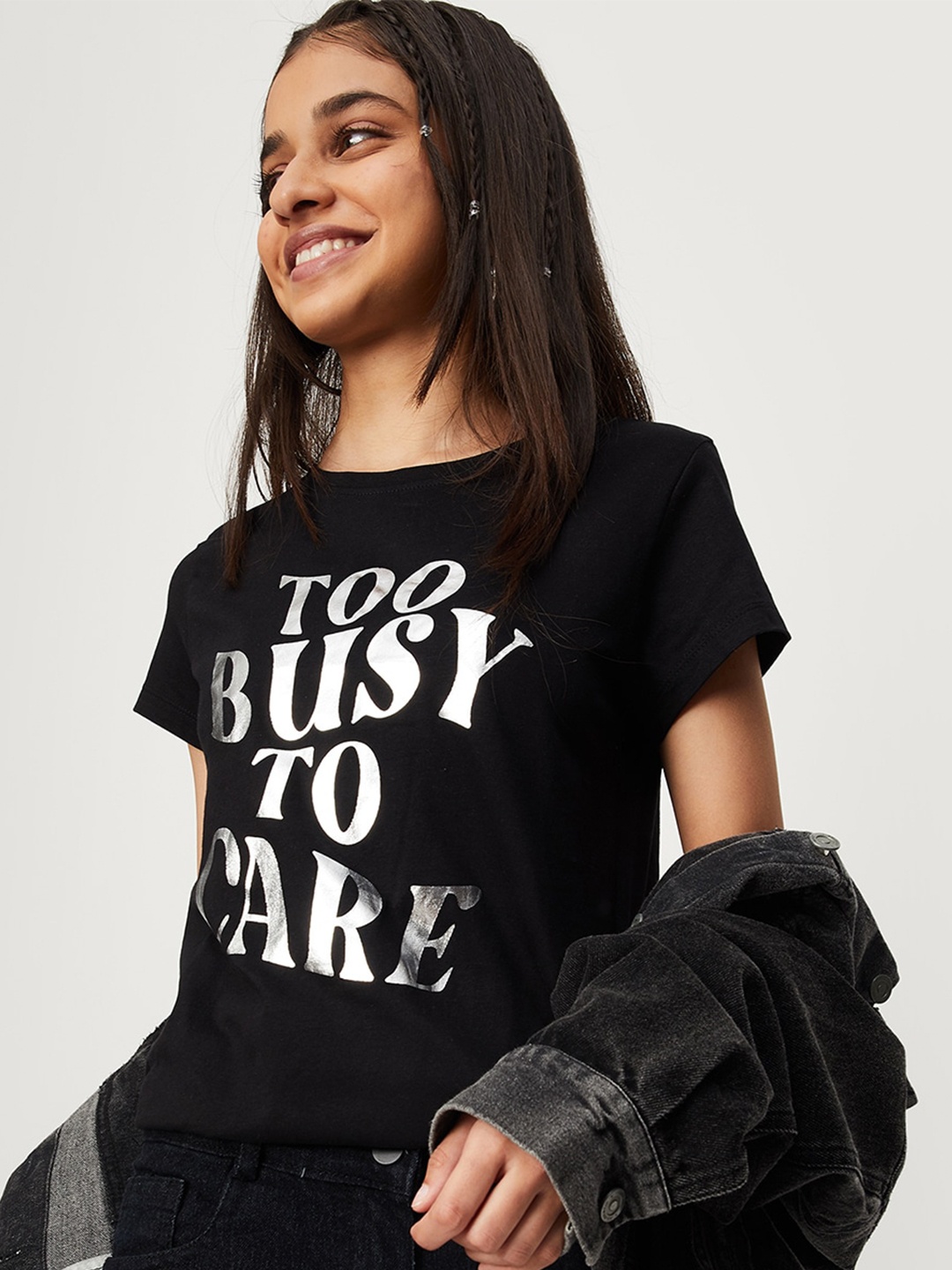 

max Girls Typography Printed Pure Cotton T-shirt, Black