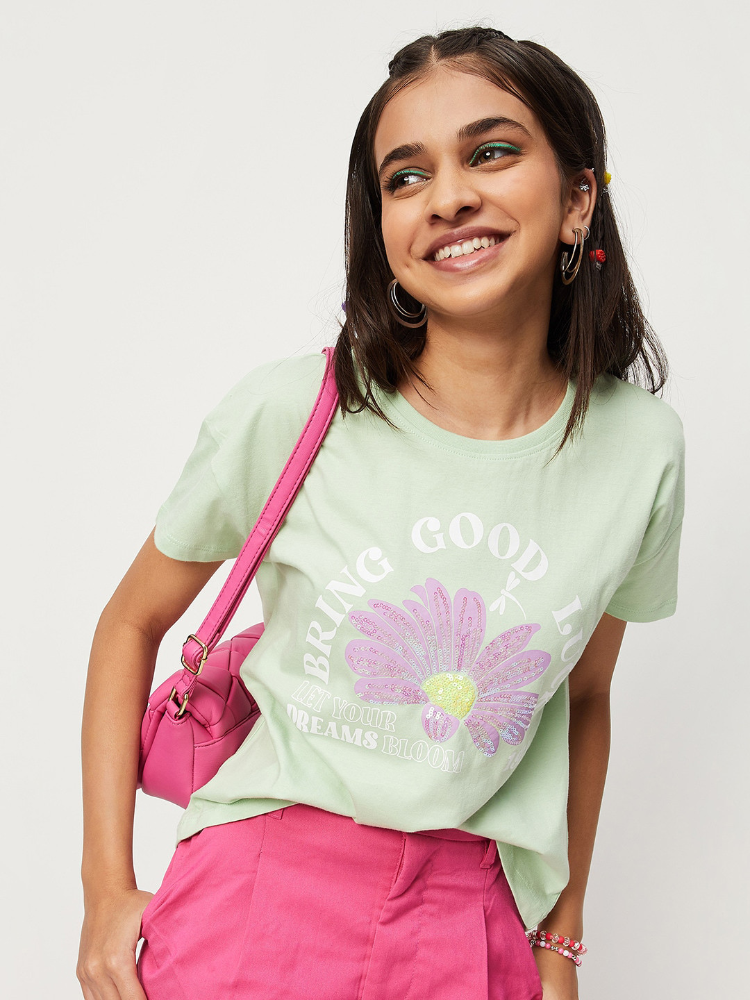 

max Girls Floral Printed Drop Shoulder Sleeves Pure Cotton T-shirt, Green
