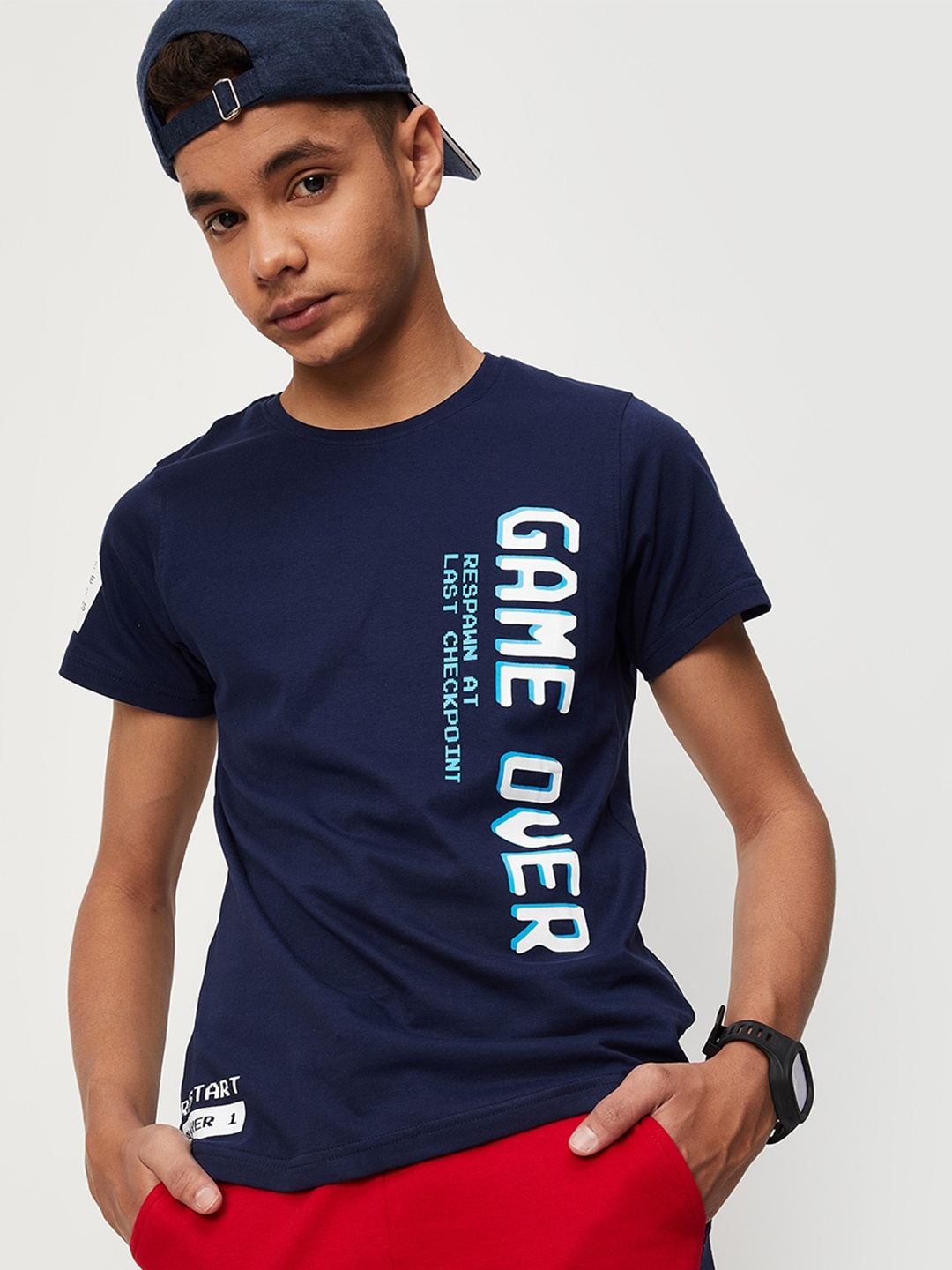 

max Boys Typography Printed Cotton T-shirt, Blue
