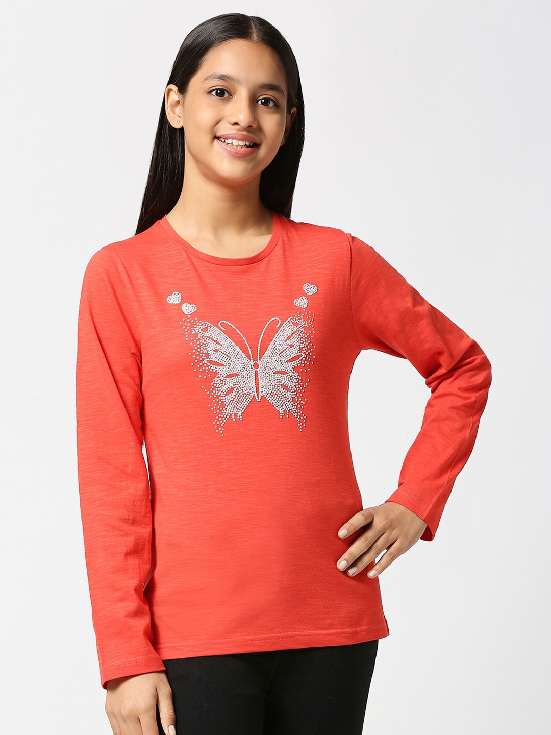 

JUSTICE Girls Embellished Long Sleeve Cotton T-shirt, Red