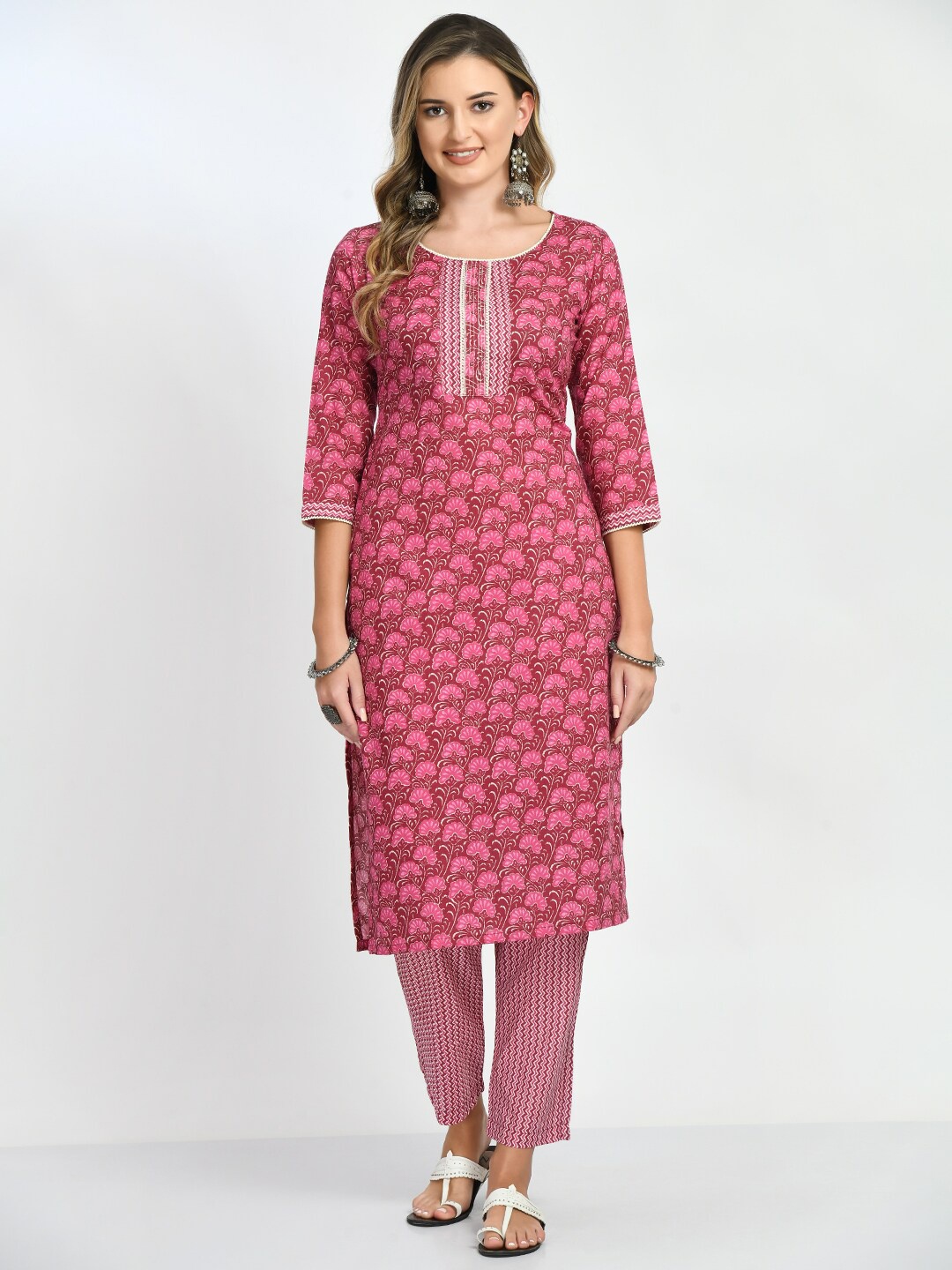 

Akshatani Floral Printed Pure Cotton Kurta With Trousers & Dupatta, Magenta