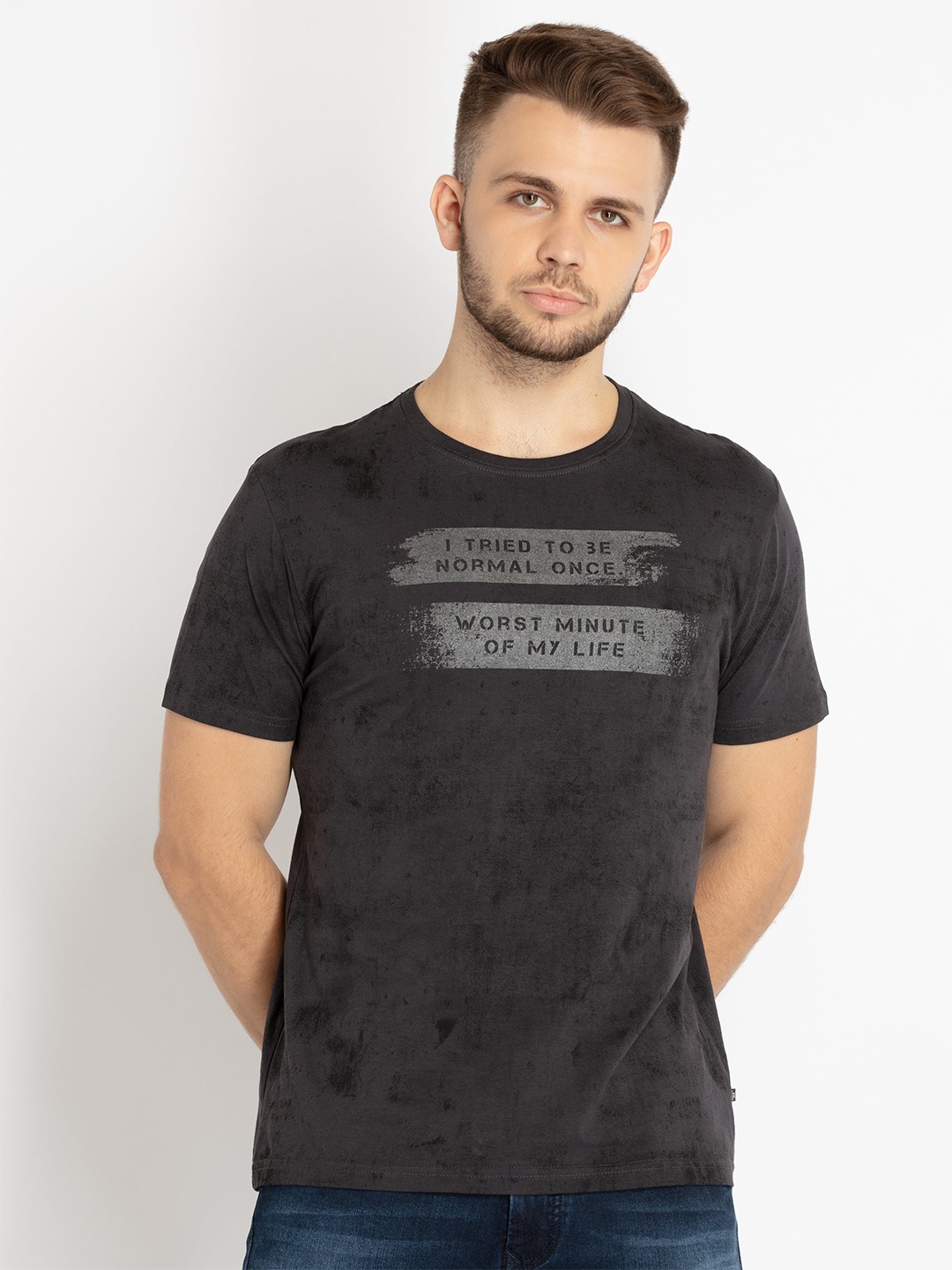

Status Quo Typography Printed Cotton T-shirt, Charcoal