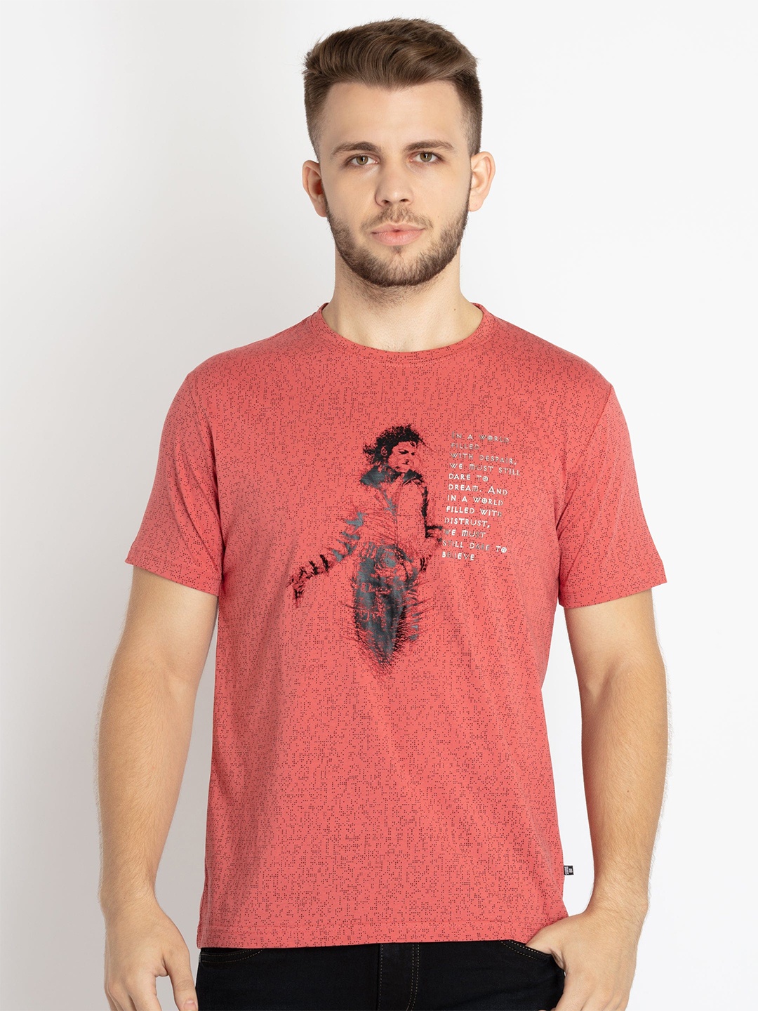 Status Quo Graphic Printed Round Neck Cotton T-shirt, Coral
