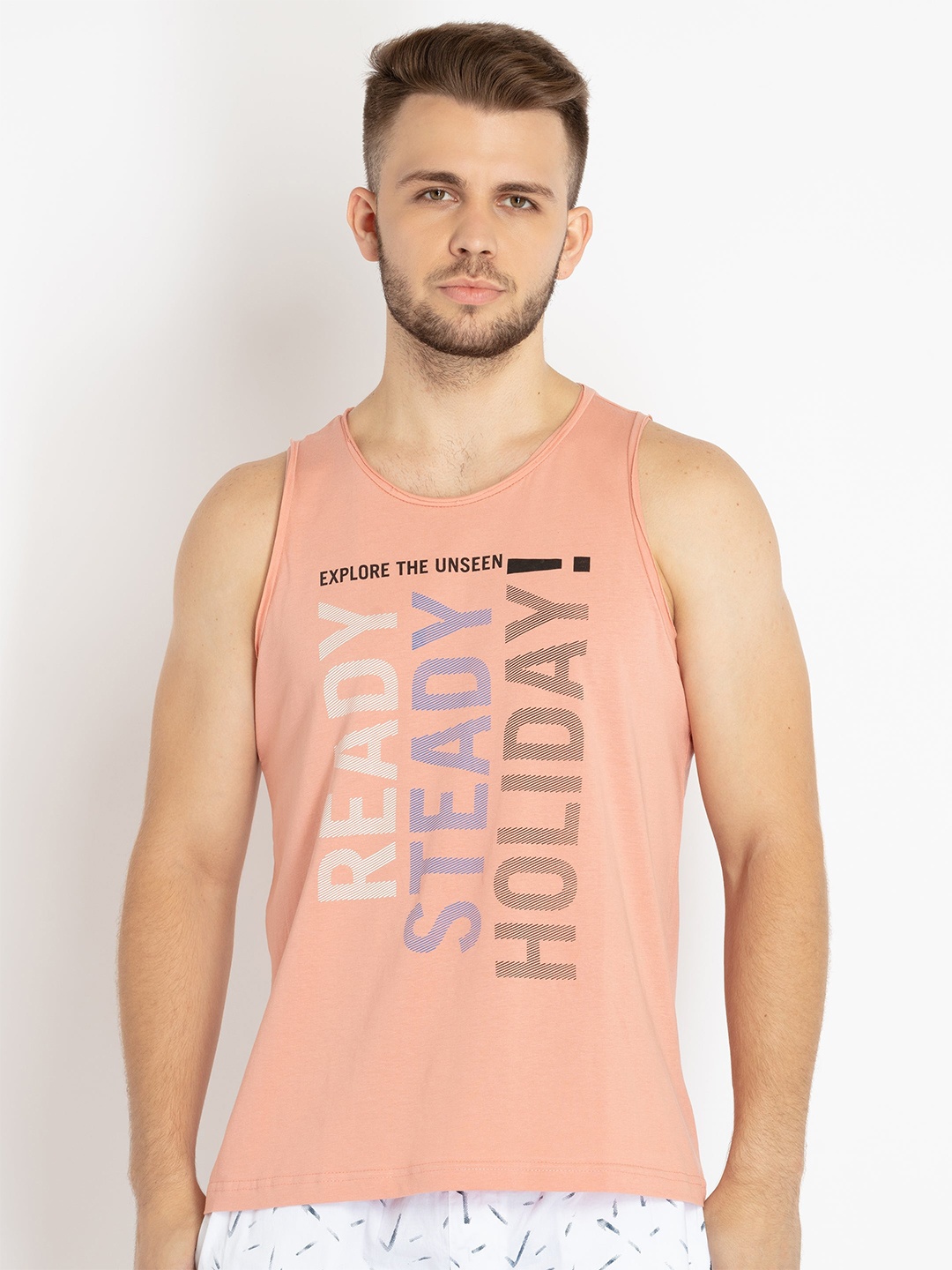 

Status Quo Sleeveless Typography Printed Raw Edge Cotton T-shirt, Coral