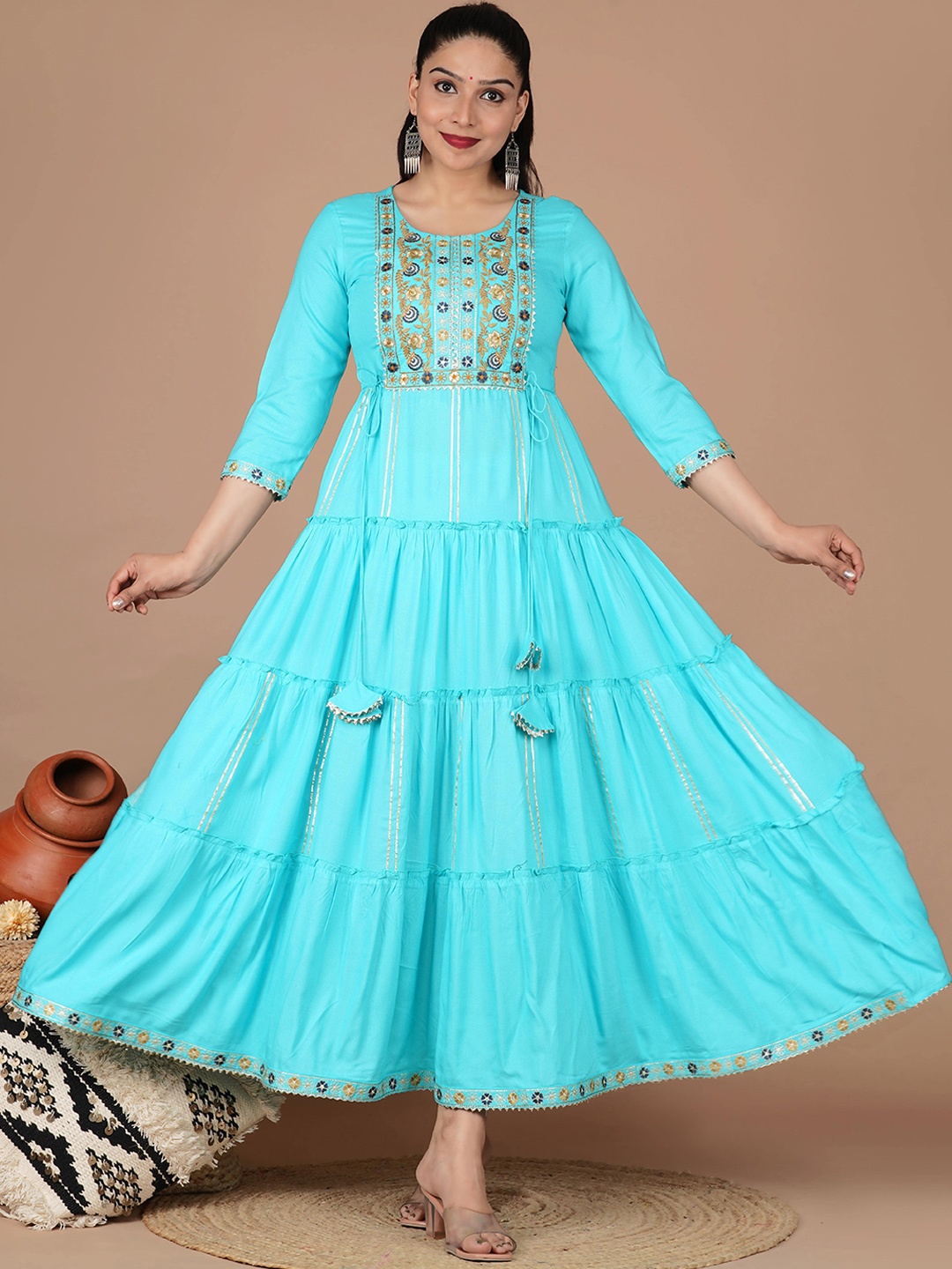 

JAIPURI COLLECTION Women Embroidered Maxi Ethnic Dress, Turquoise blue