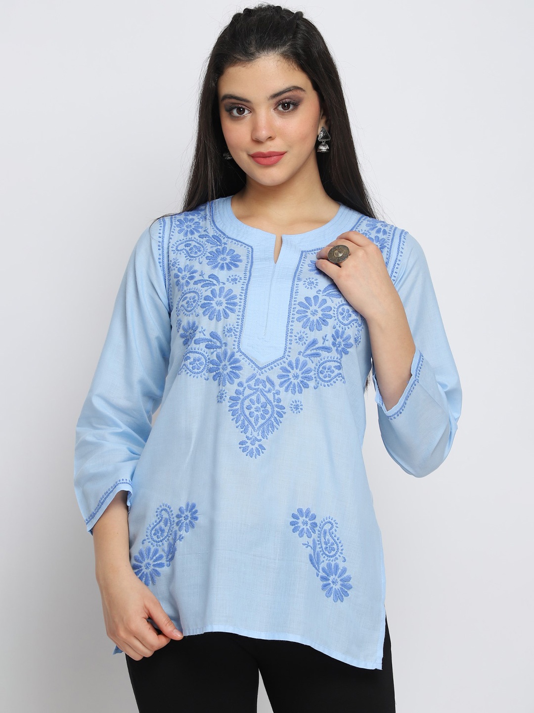 

PARAMOUNT CHIKAN Ethnic Motifs Embroidered Notch Neck Chikankari Pure Cotton Kurti, Blue