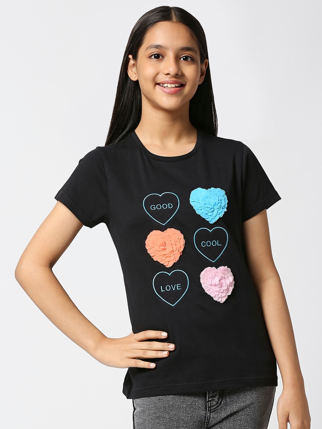

JUSTICE Girls Typography Printed Cotton T-shirt, Black