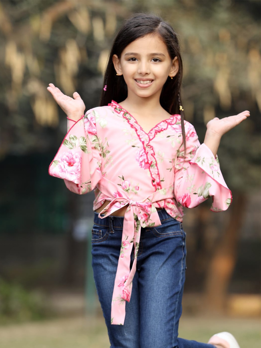 

Cutiekins Girls Bell Sleeves Floral Print Ruffles Crepe Crop Top, Pink