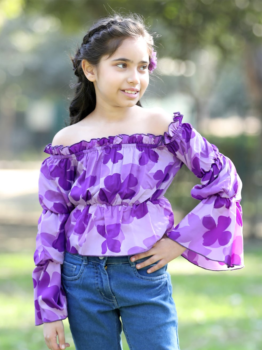 

Cutiekins Girls Floral Printed Off Shoulder Long Sleeves Top, Purple