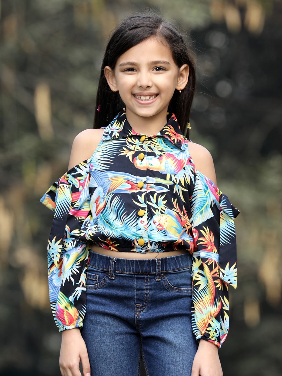 

Cutiekins Floral Printed Cold Shoulder Sleeves Shirt Style Top, Navy blue