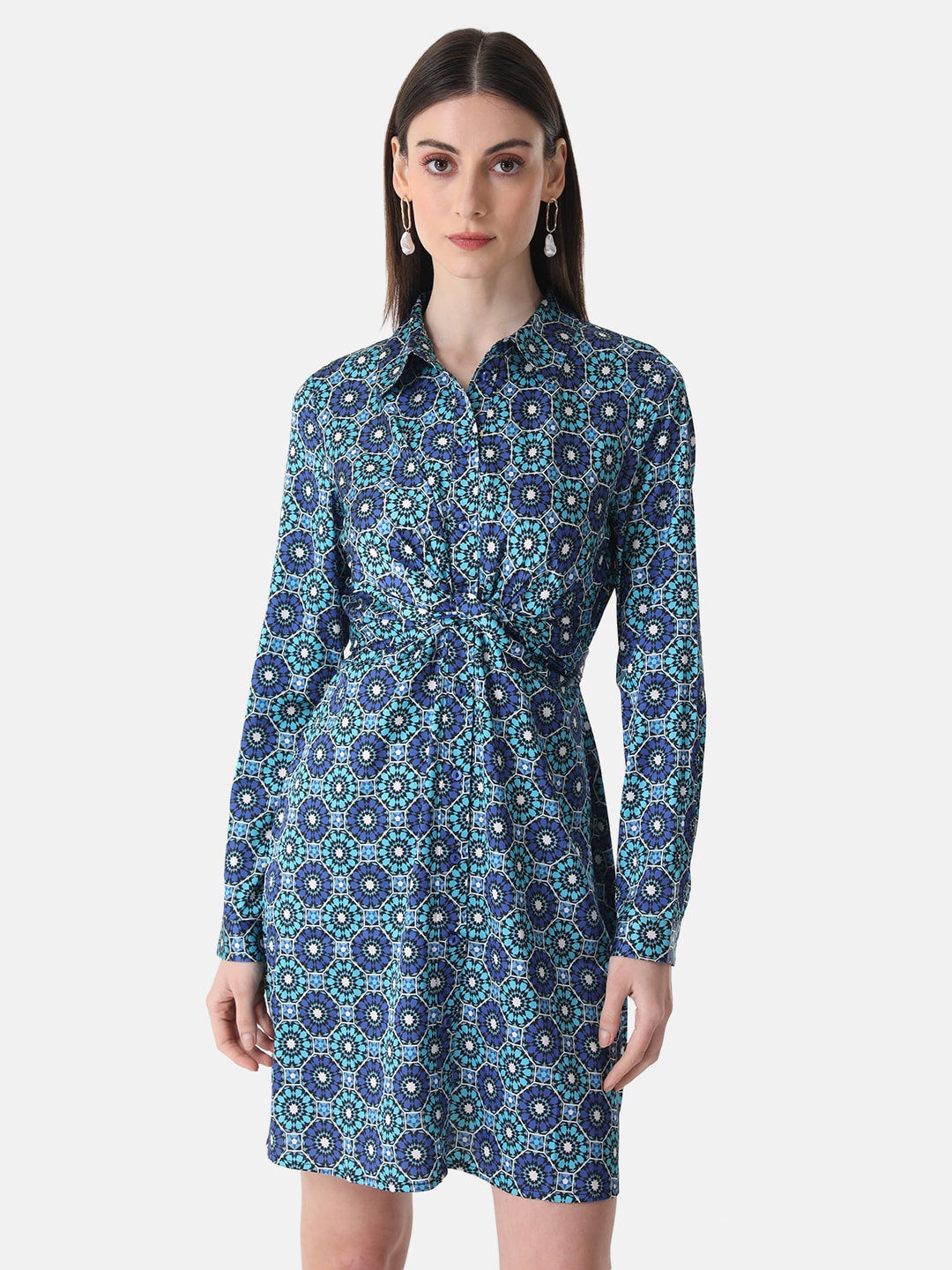 

Kazo Cuffed Sleeve Floral Print Printed Satin Formal Shirt Dress, Blue