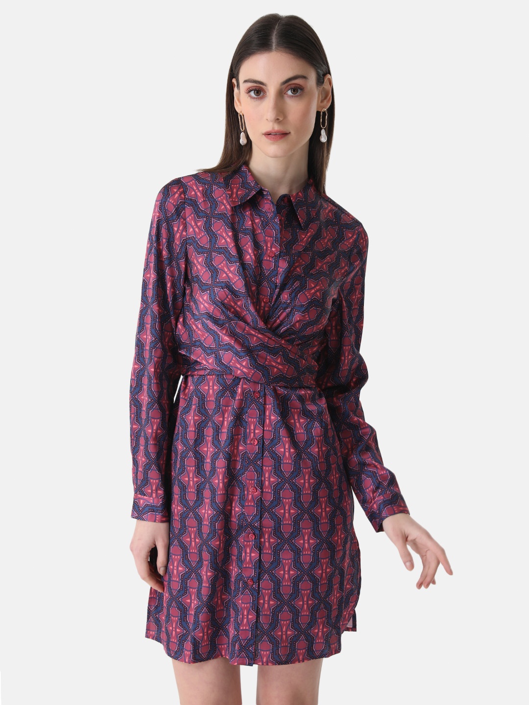 

Kazo Shirt Collar Ethnic Motifs Printed Tie-Up Satin Formal Shirt Dress, Pink