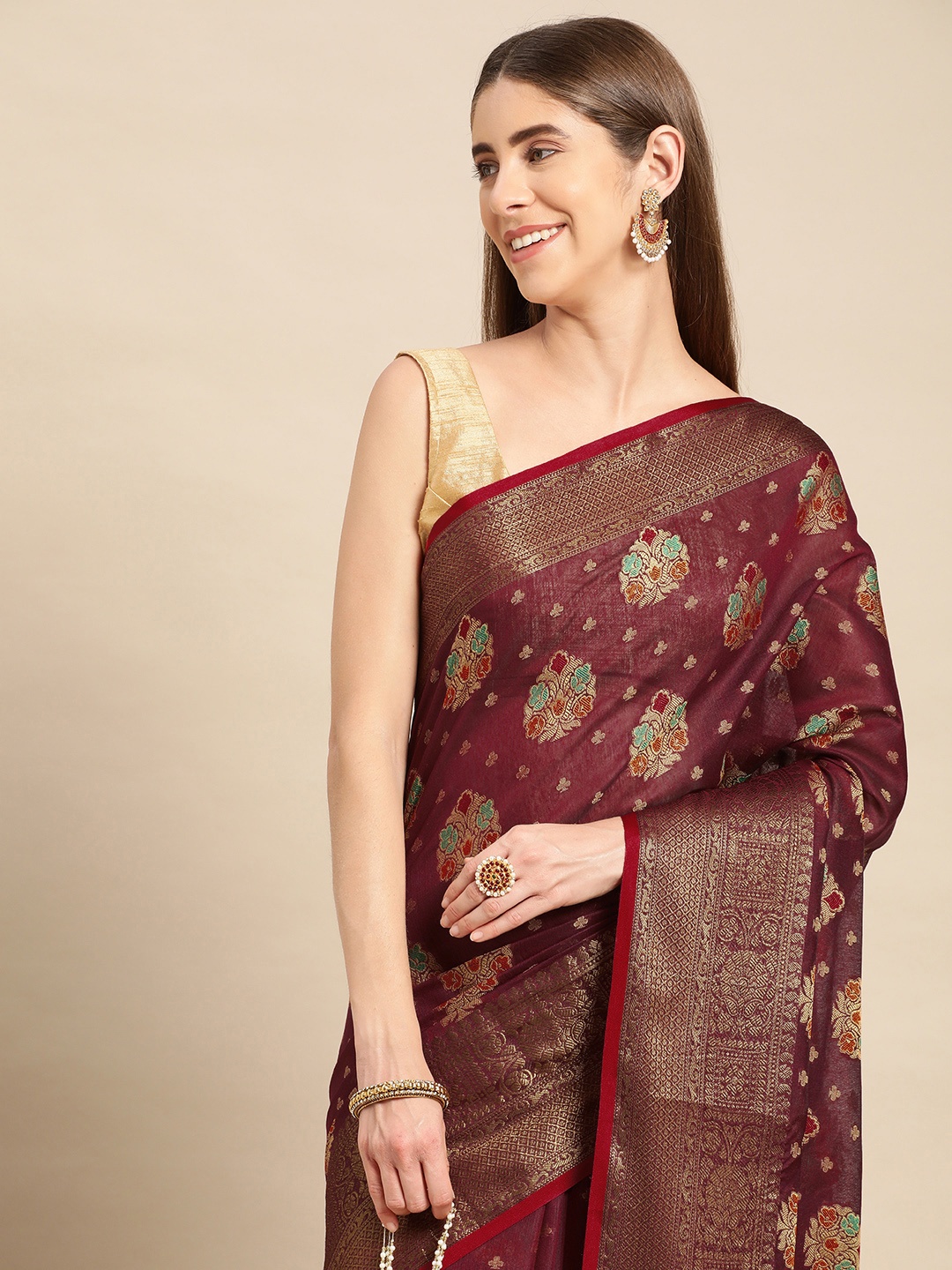 

MS RETAIL Woven Design Ethnic Motifs Zari Pure Cotton Chanderi Saree, Rust