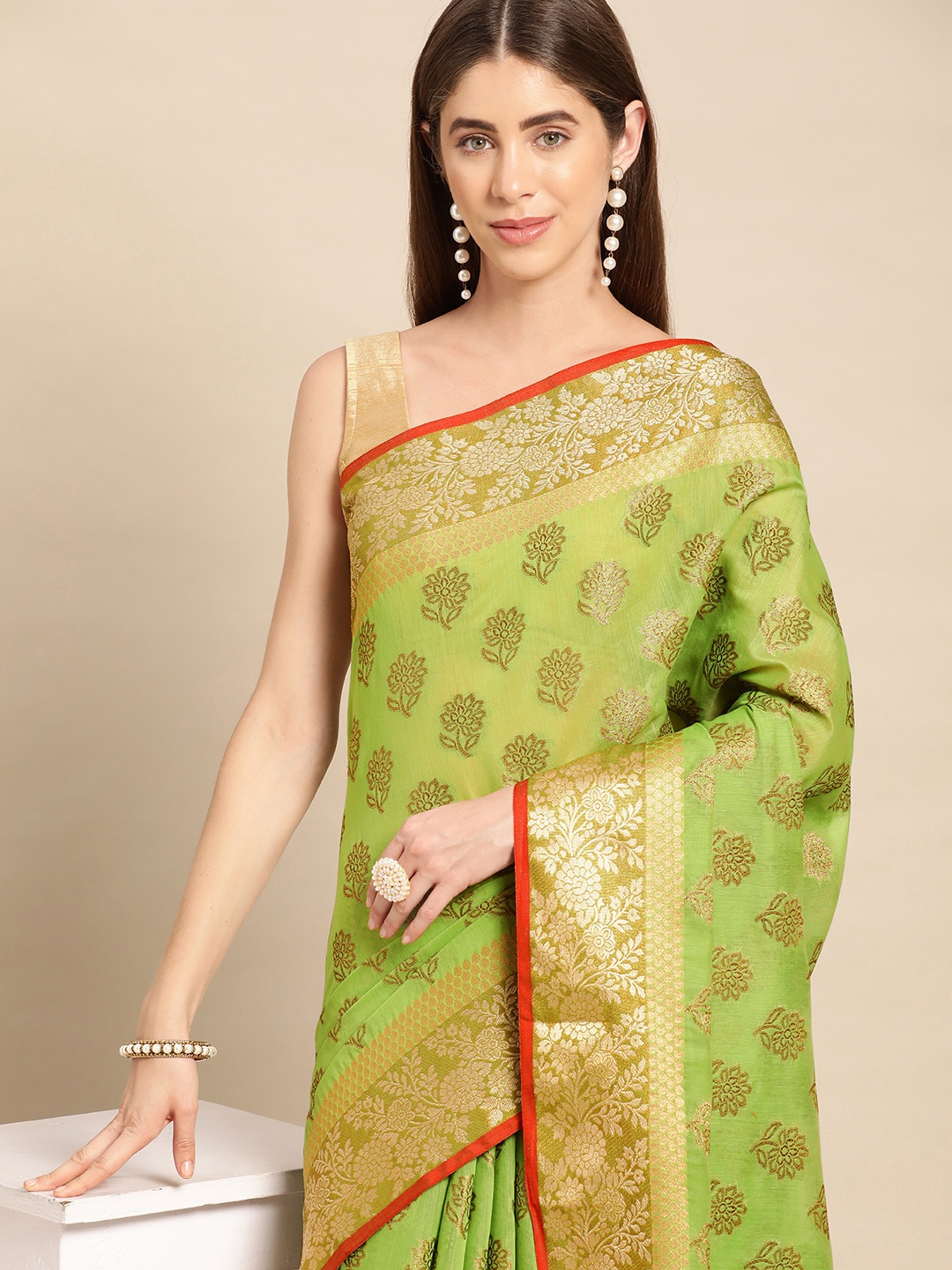 

MS RETAIL Woven Design Ethnic Motifs Zari Pure Cotton Chanderi Saree, Lime green