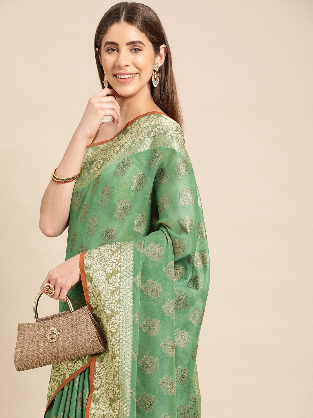 

MS RETAIL Woven Design Ethnic Motifs Zari Pure Cotton Chanderi Saree, Sea green