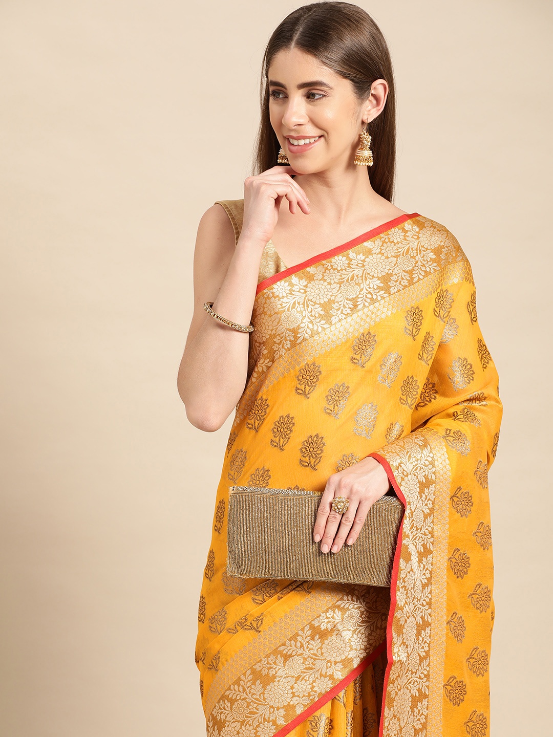 

MS RETAIL Woven Design Ethnic Motifs Zari Pure Cotton Chanderi Saree, Yellow