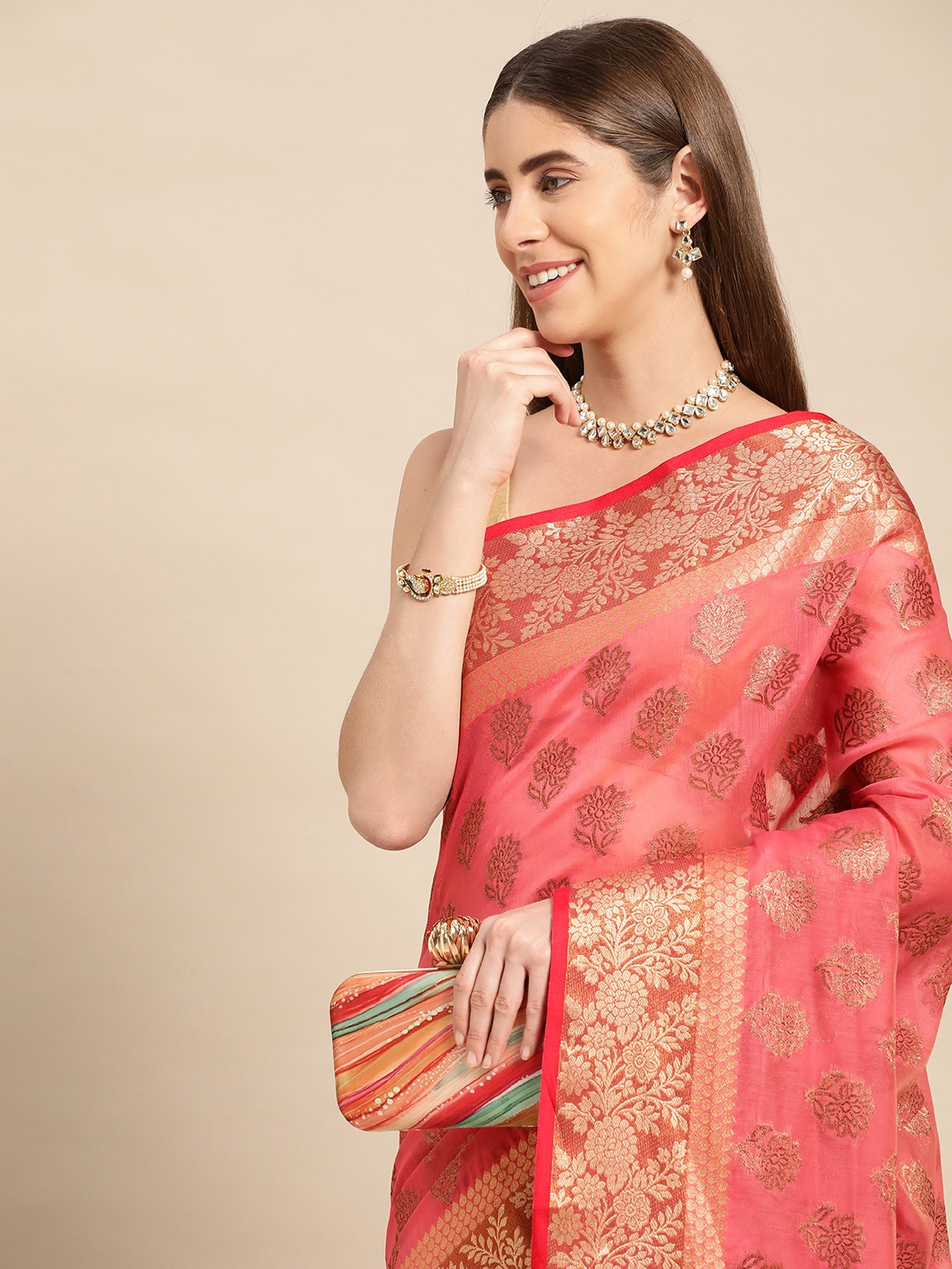 

MS RETAIL Woven Design Ethnic Motifs Zari Pure Cotton Chanderi Saree, Pink