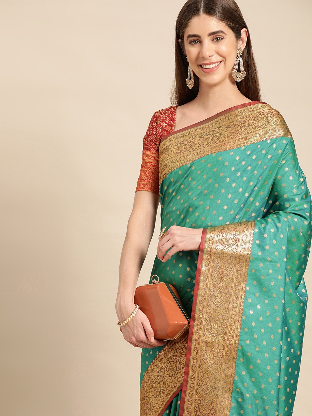 

MS RETAIL Woven Design Zari Silk Blend Banarasi Saree, Teal