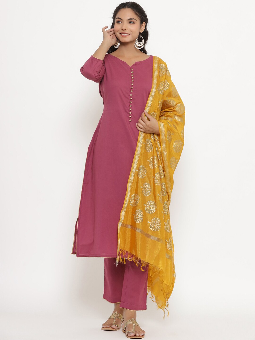 

CRAFIQA Notch Neck Straight Pure Cotton Kurta with Trousers & Dupatta, Burgundy