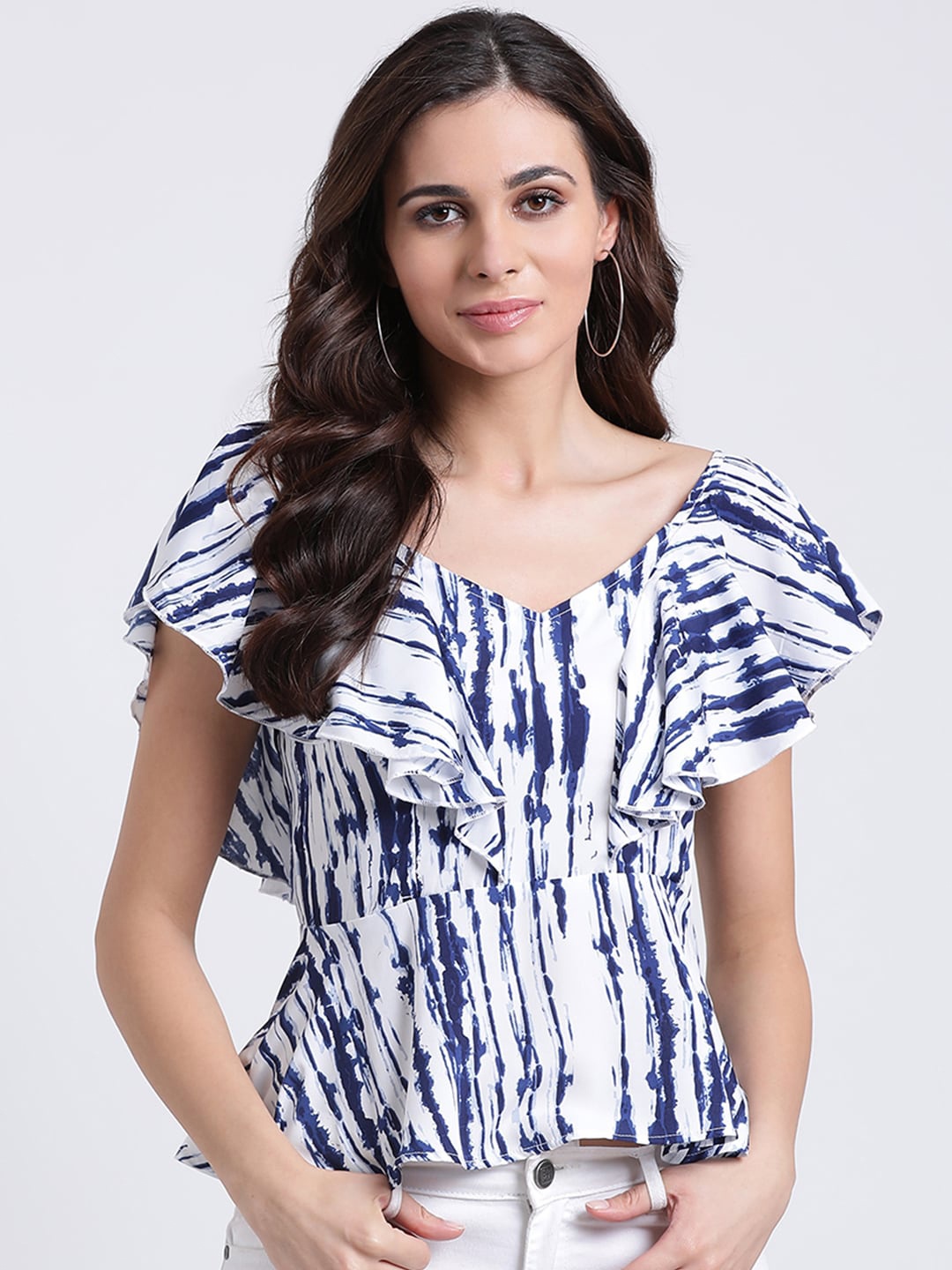

DIVA WALK EXCLUSIVE Tie And Dye Ruffles Cinched Waist Top, Blue