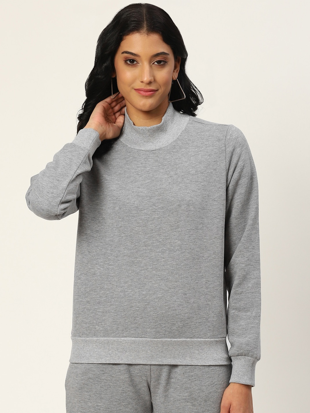 

DIVA WALK EXCLUSIVE High Neck Ribbed Hem Cotton Pullover Sweatshirt, Grey