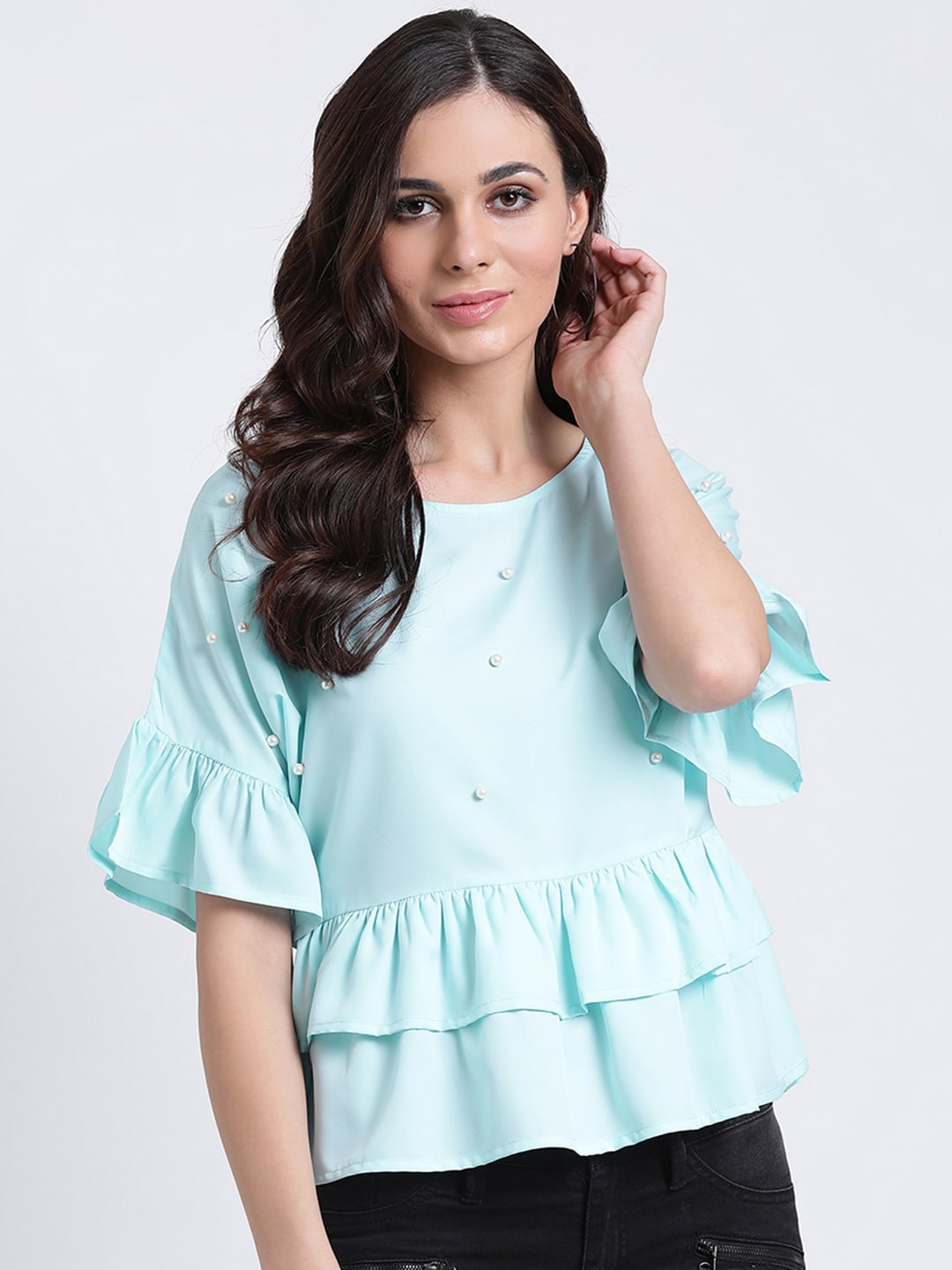 

DIVA WALK EXCLUSIVE Ruffles Flared Sleeves Cotton Regular Top, Blue