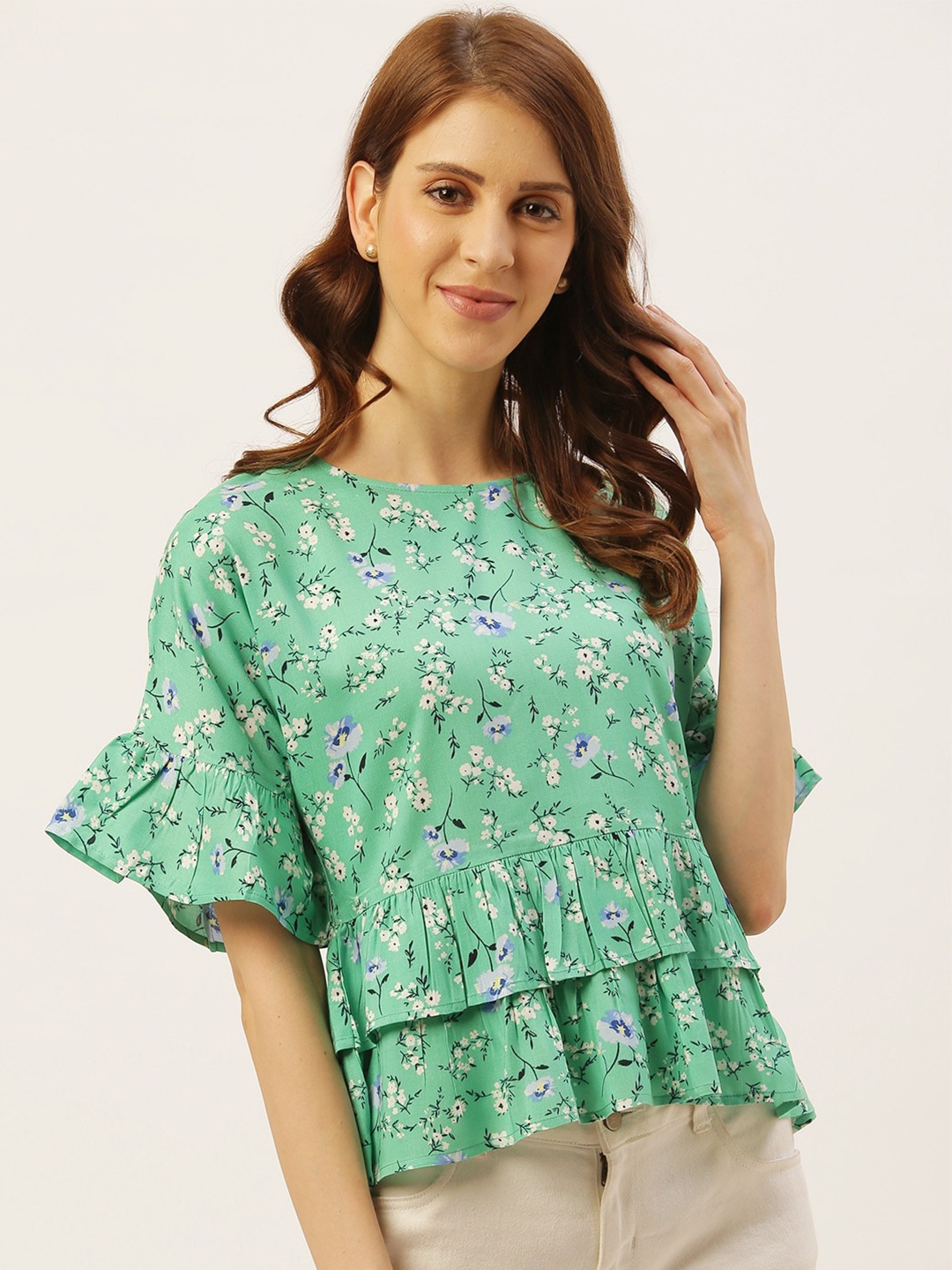 

DIVA WALK EXCLUSIVE Floral Print Ruffles Regular Top, Green