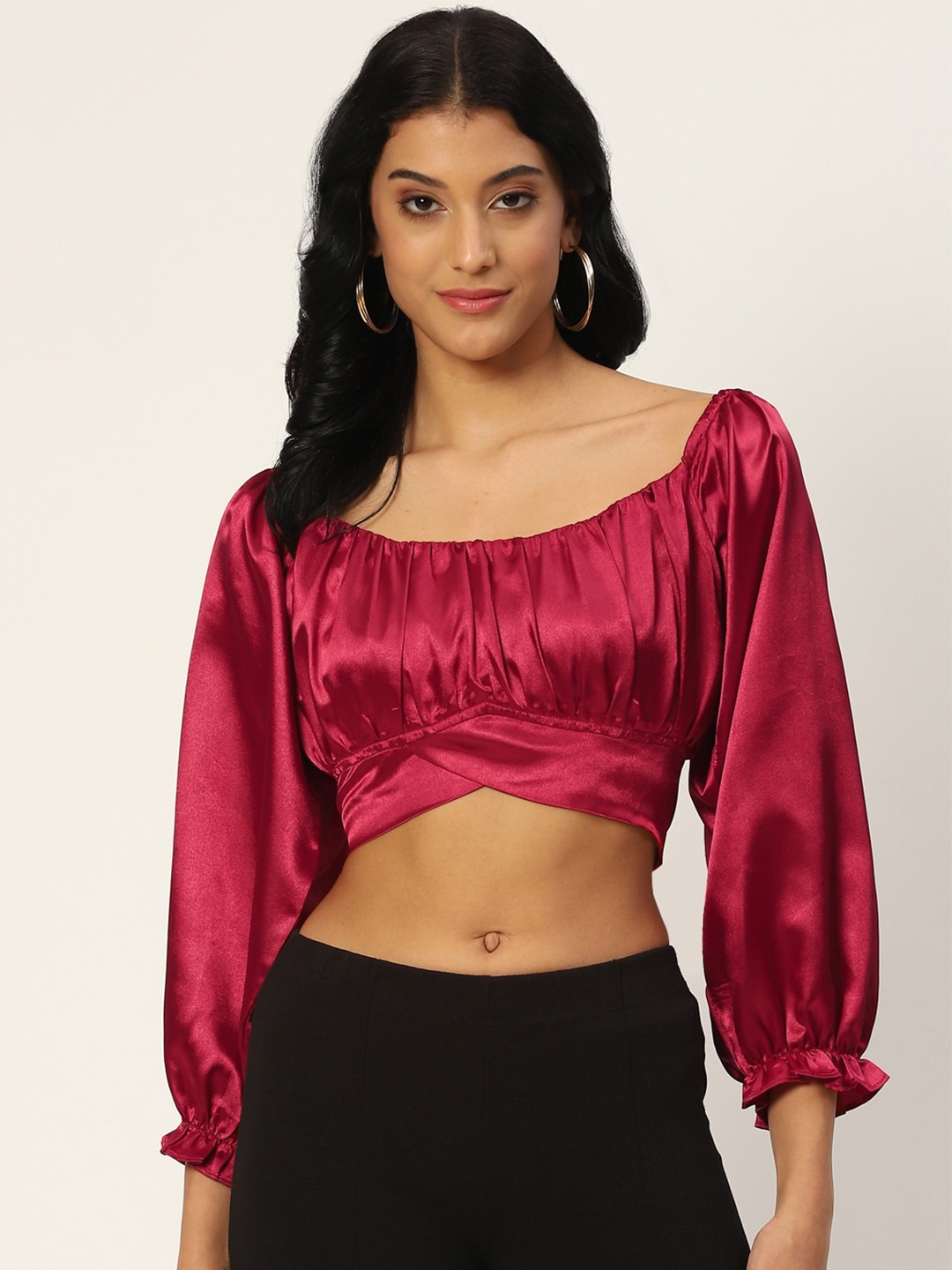 

DIVA WALK EXCLUSIVE Puff Sleeves Satin Scoop Neck Crop Top, Red