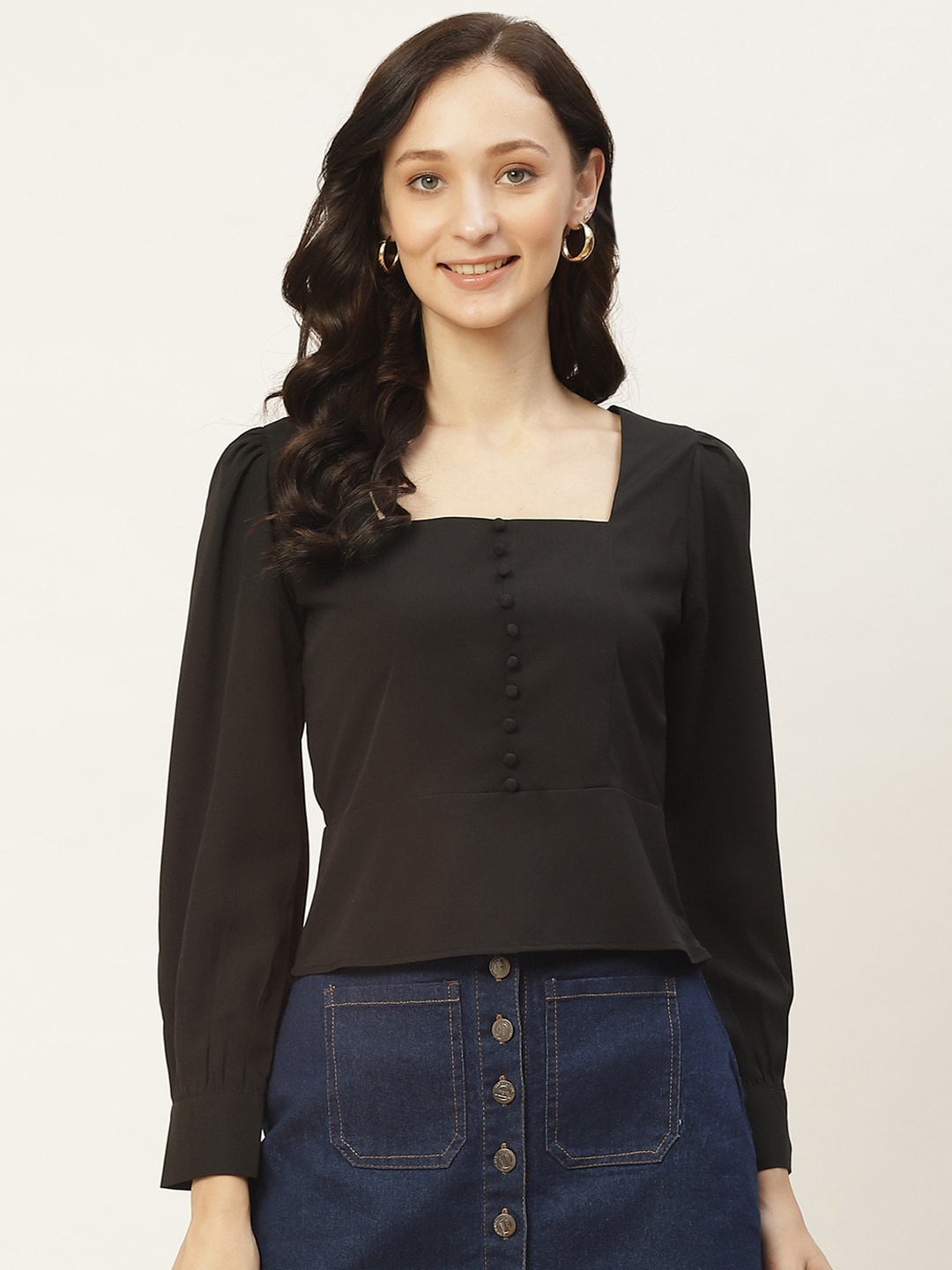 

DIVA WALK EXCLUSIVE Square Neck Cuffed Sleeves Crepe Top, Black