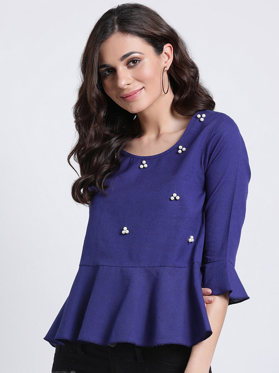 

DIVA WALK EXCLUSIVE Stones and Beads Cotton Peplum Top, Blue