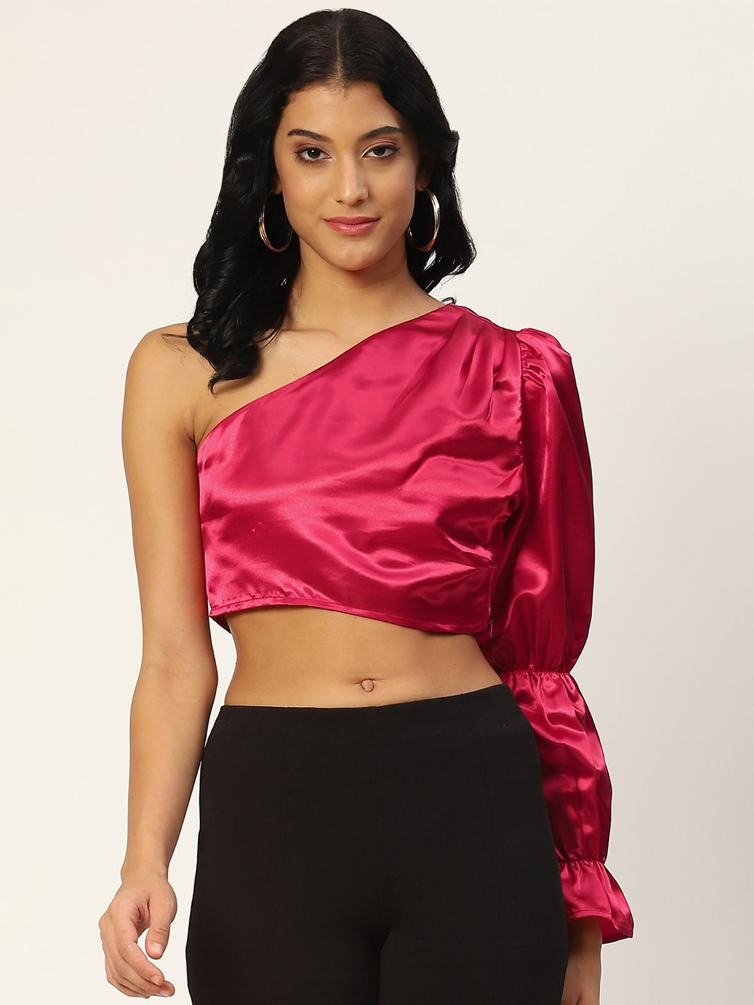 

DIVA WALK EXCLUSIVE One Shoulder Satin Crop Top, Fuchsia