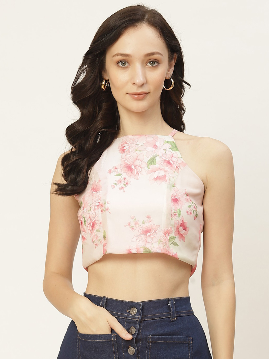 

DIVA WALK EXCLUSIVE Floral Printed Georgette Crop Top, Pink