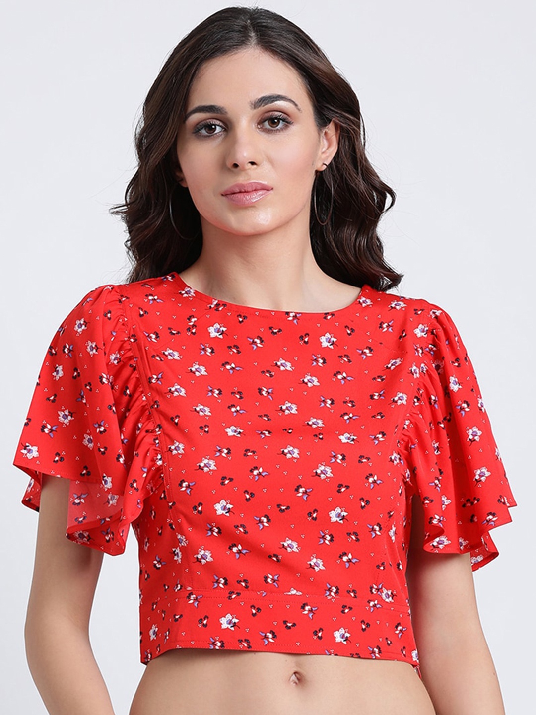 

DIVA WALK EXCLUSIVE Round Neck Flutter Sleeves Floral Printed Crop Top, Red