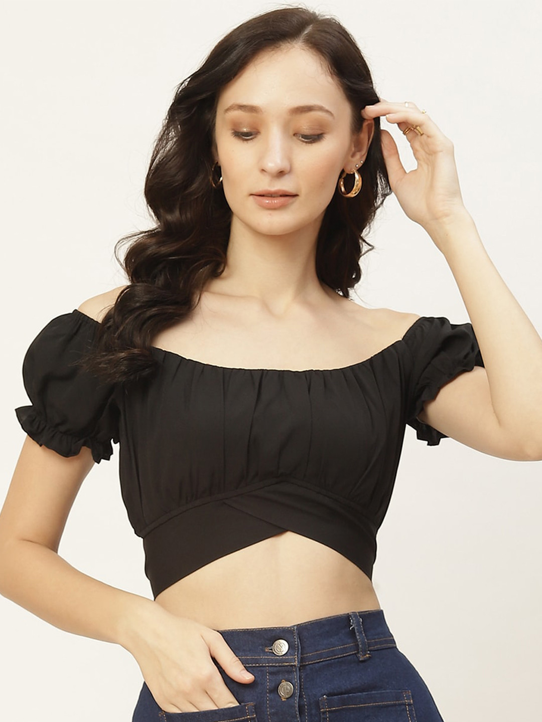 

DIVA WALK EXCLUSIVE Off-Shoulder Puff Sleeves Bardot Crop Top, Black