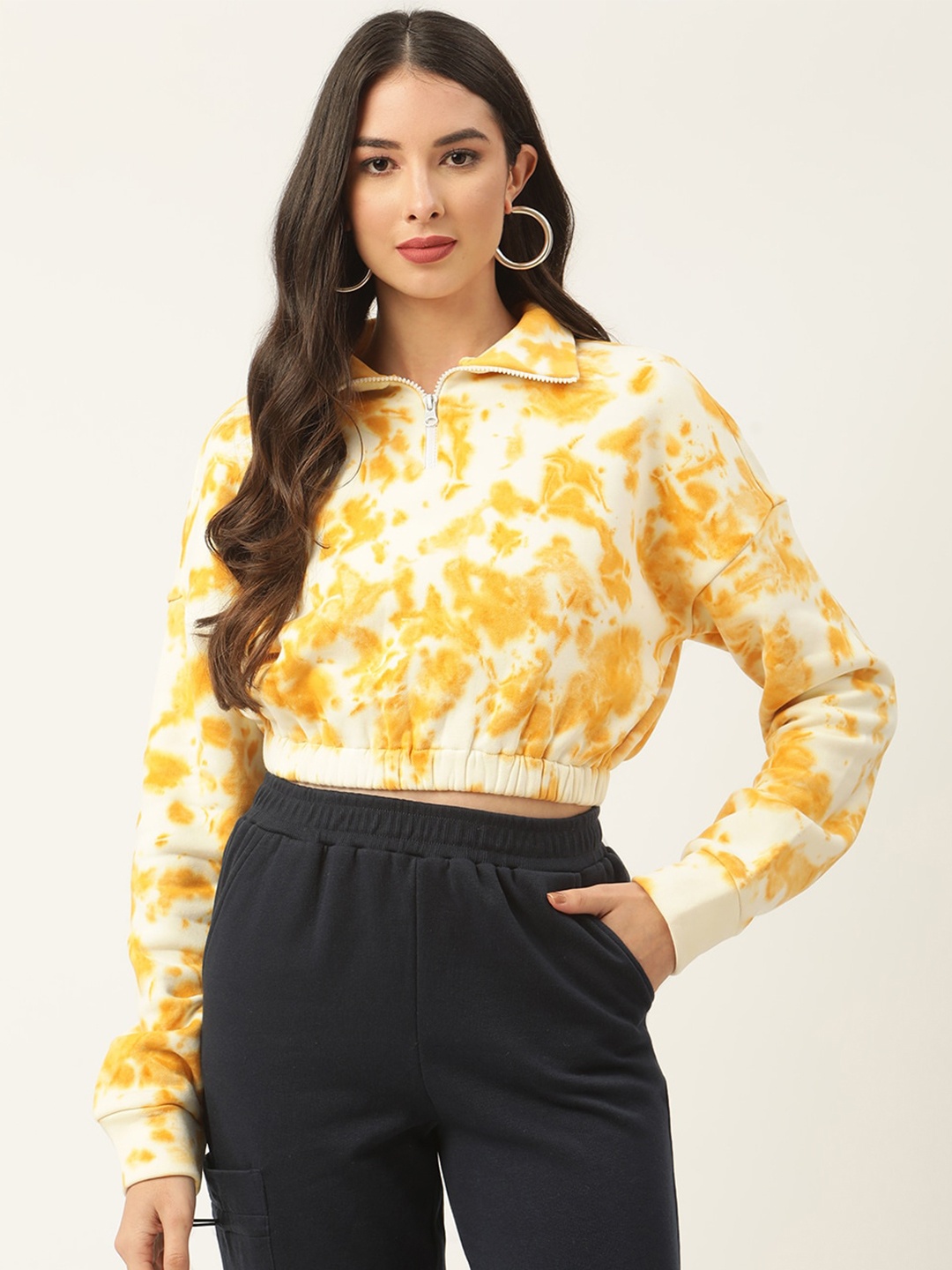 

DIVA WALK EXCLUSIVE Tie And Dye High Neck Crop Pullover Sweatshirt, Yellow