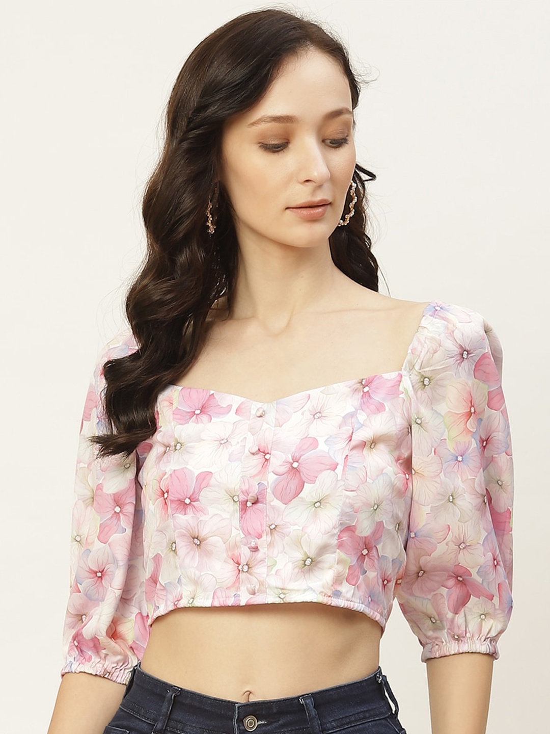 

DIVA WALK EXCLUSIVE Floral Printed Smocked Crop Top, Pink