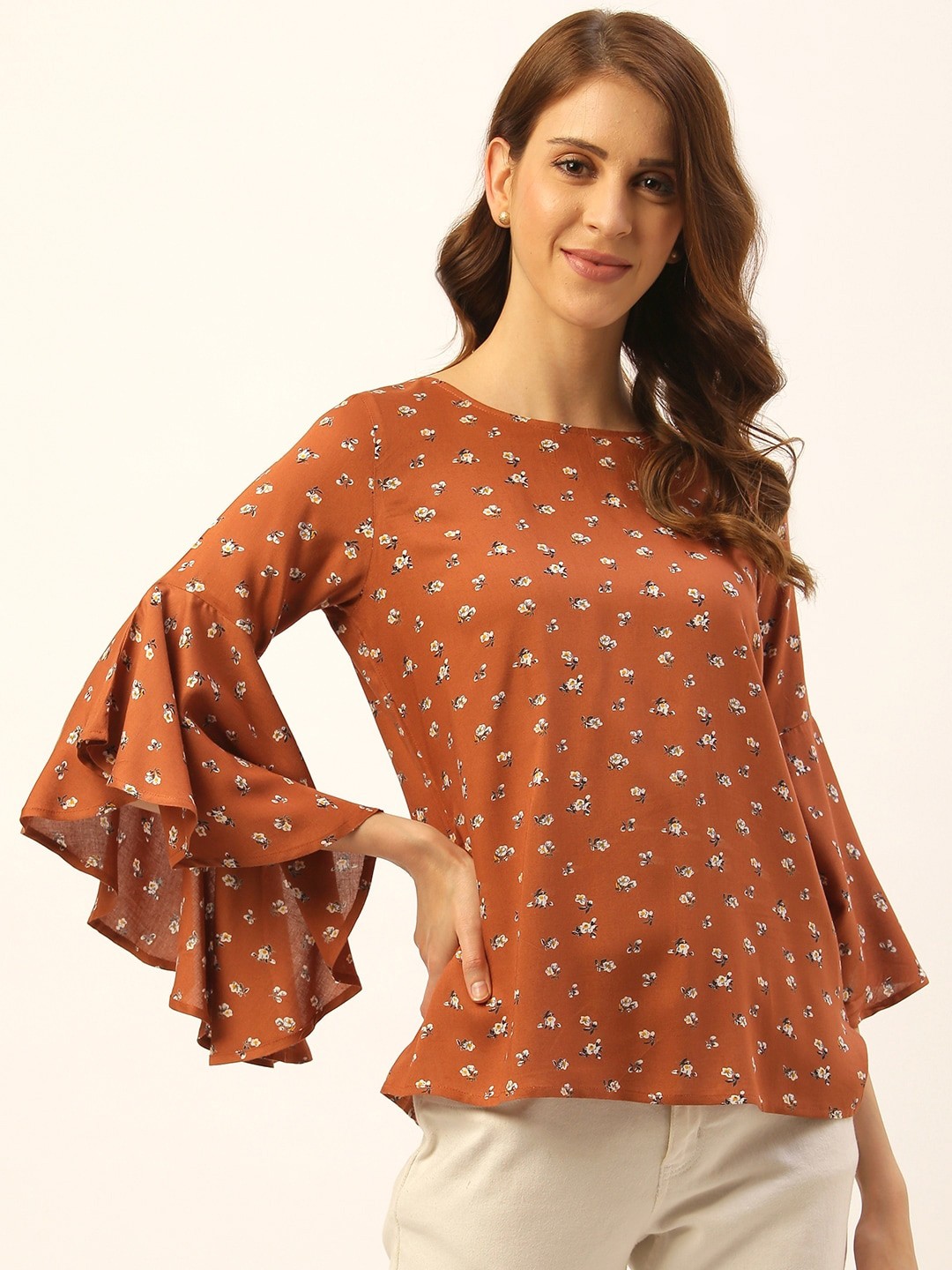 

DIVA WALK EXCLUSIVE Floral Printed Bell Sleeves Top, Brown