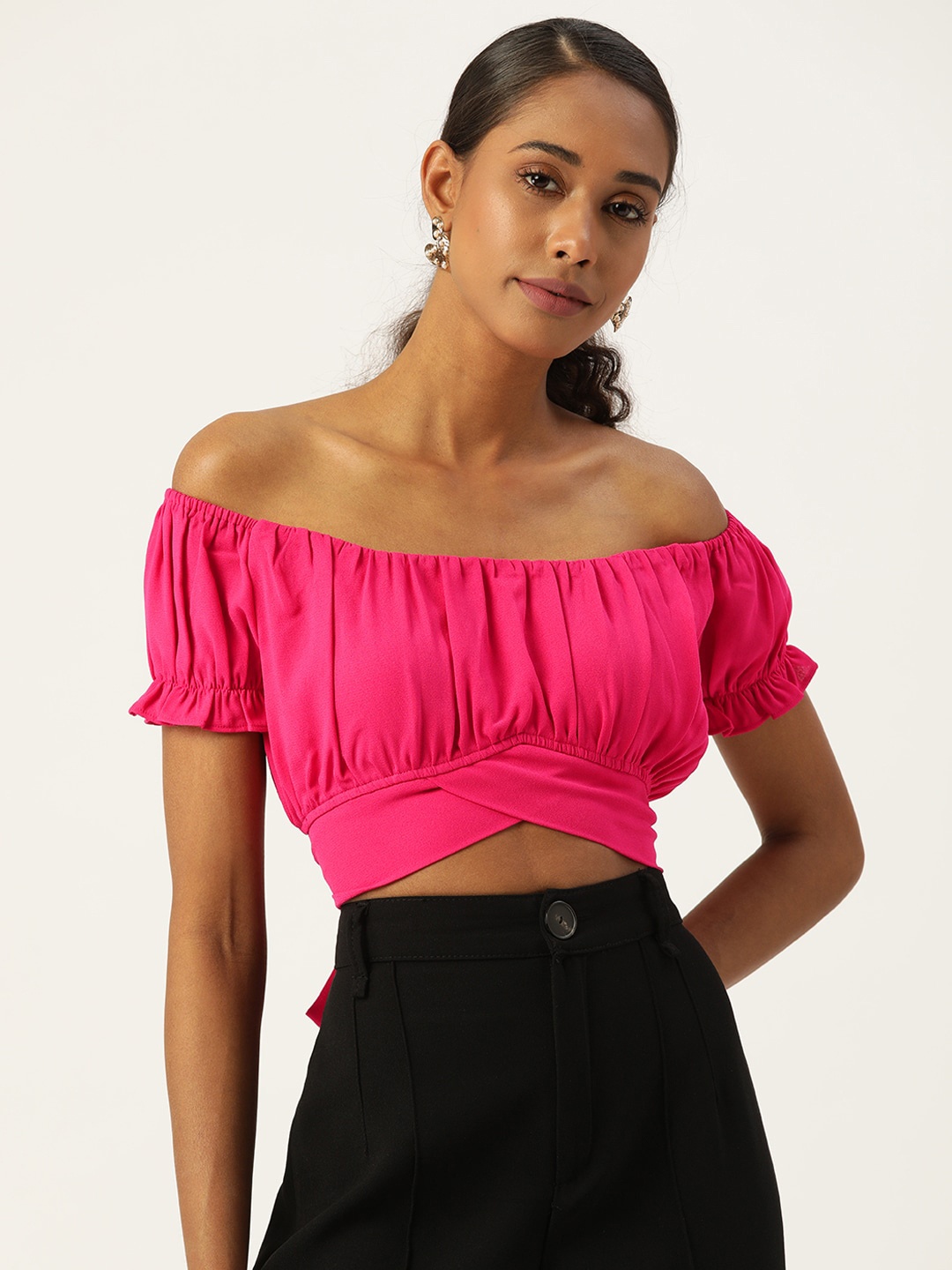 

DIVA WALK EXCLUSIVE Off-Shoulder Ruched Bardot Tie-Up Crop Top, Pink