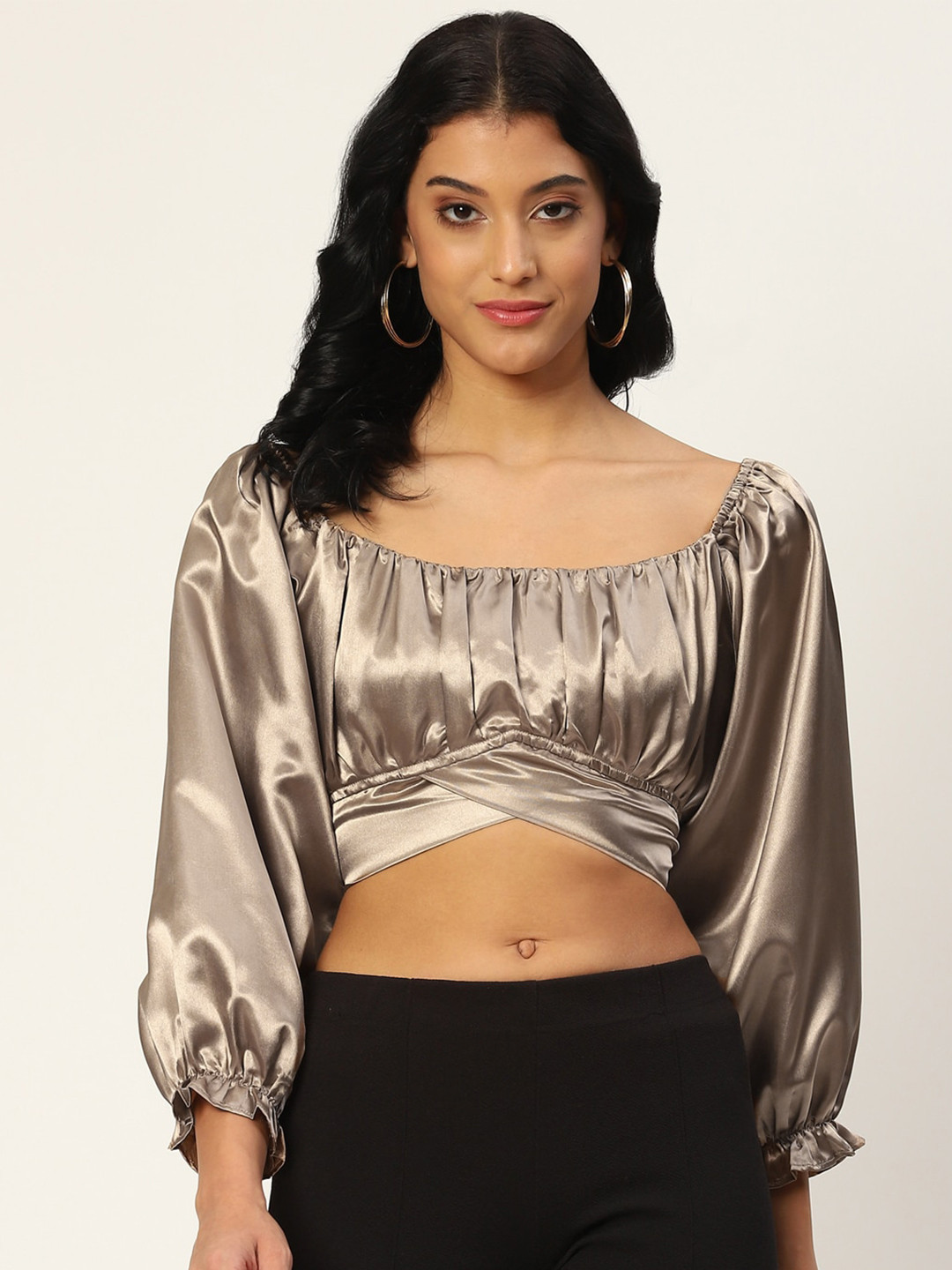 

DIVA WALK EXCLUSIVE Square Neck Gathered Styled Back Satin Crop Top, Brown