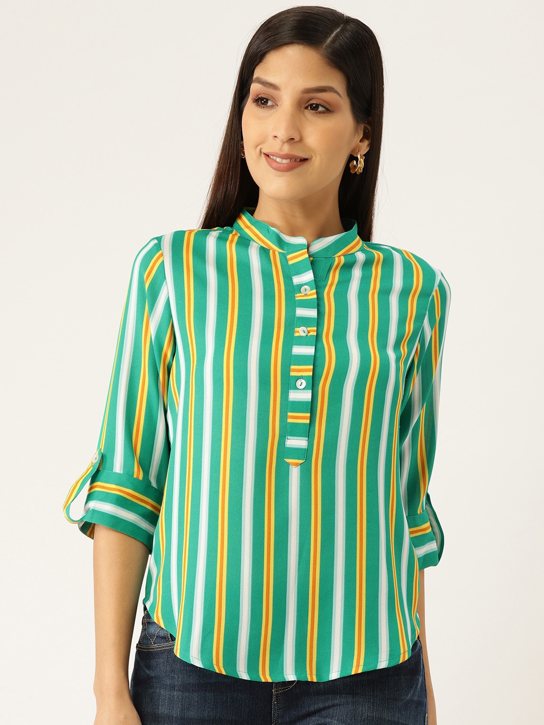 

DIVA WALK EXCLUSIVE Striped Mandarin Collar Roll-Up Sleeves Shirt Style Top, Green