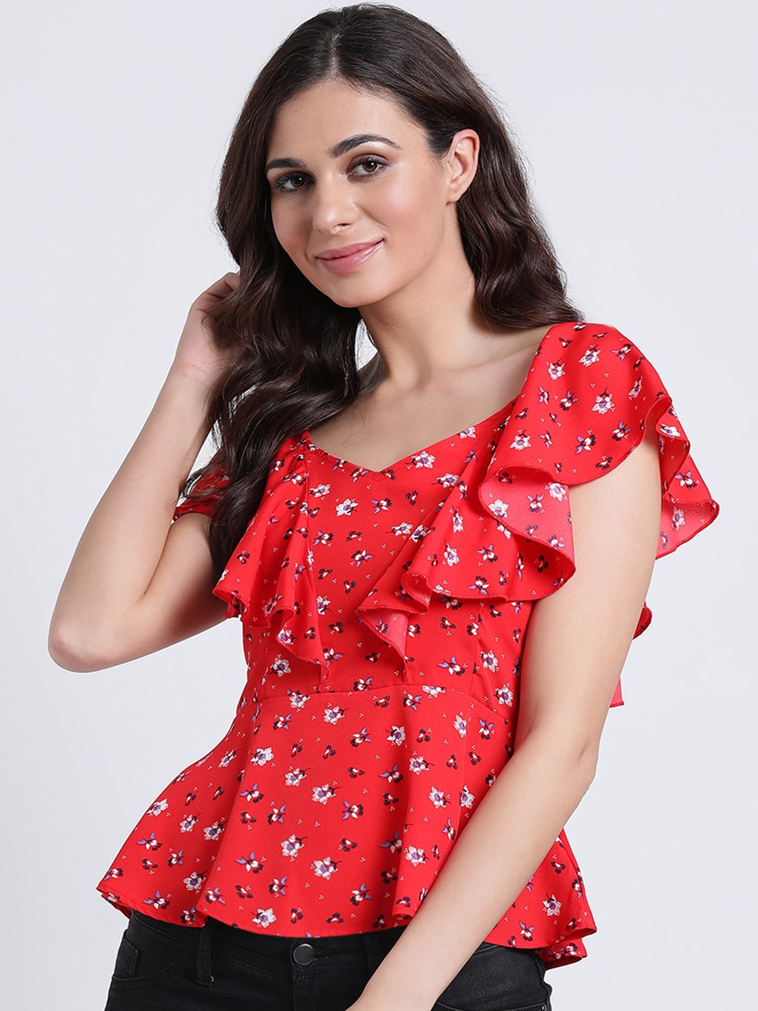 

DIVA WALK EXCLUSIVE Flutter Sleeves Floral Print Ruffles Peplum Top, Red