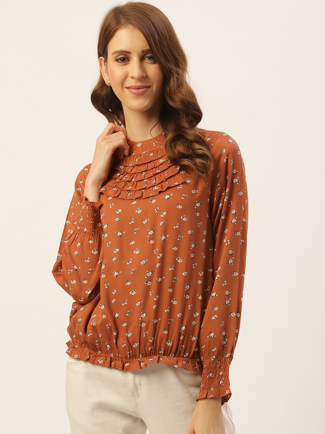 

DIVA WALK EXCLUSIVE Floral Print Ruffles Detail Top, Brown