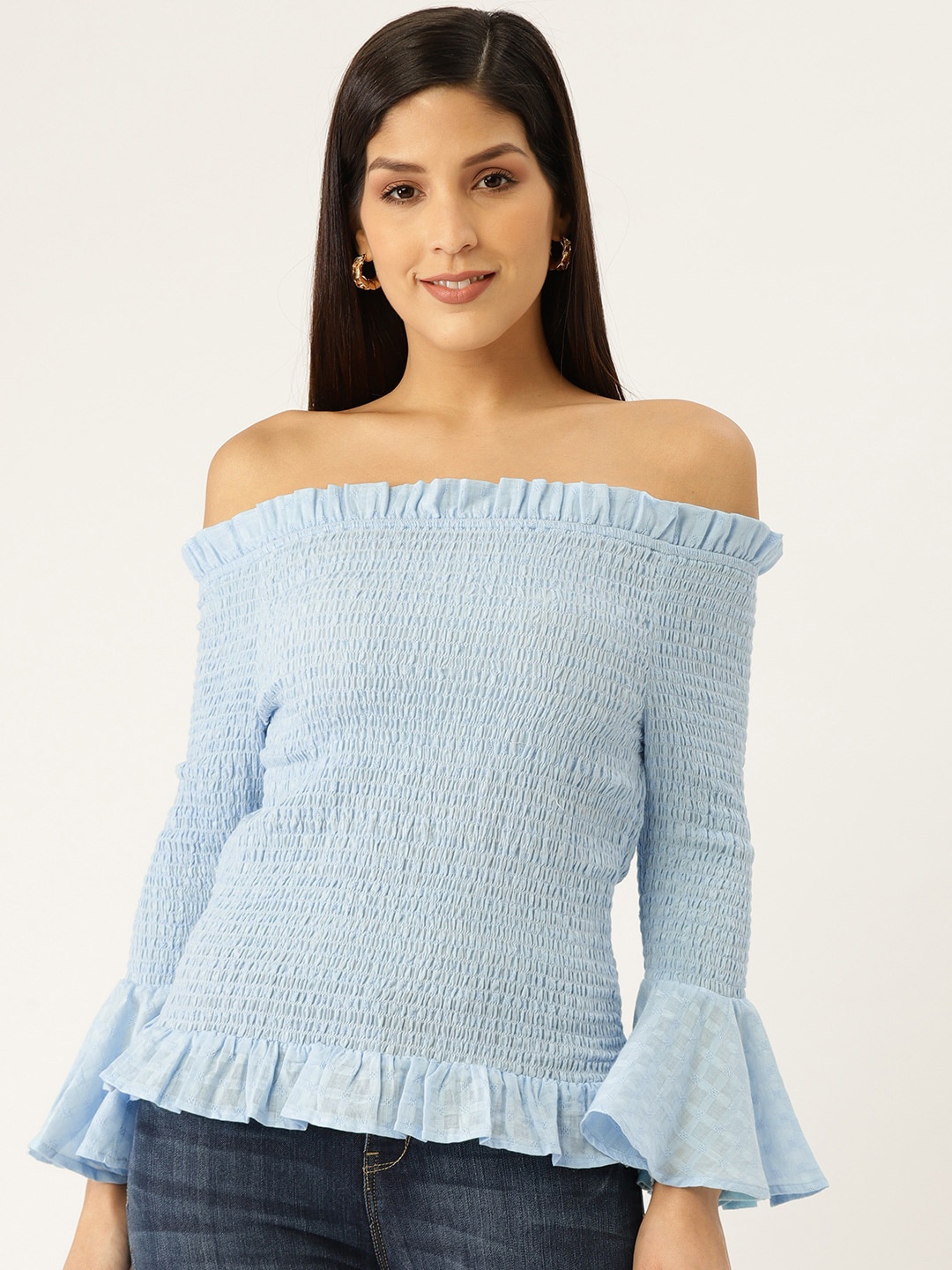 

DIVA WALK EXCLUSIVE Off-Shoulder Smocked Pure Cotton Bardot Top, Blue