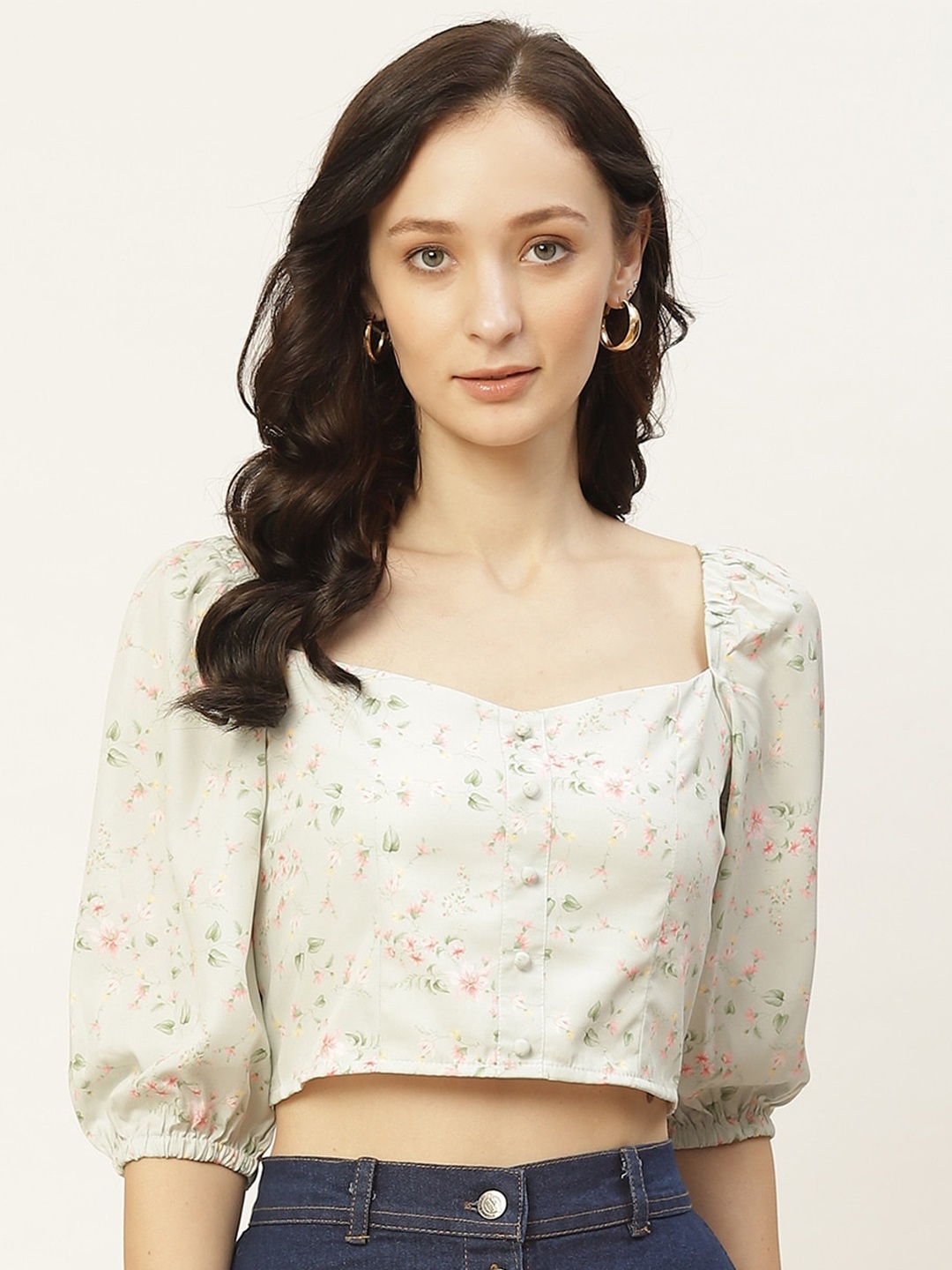 

DIVA WALK EXCLUSIVE Floral Print Crepe Crop Top, Green