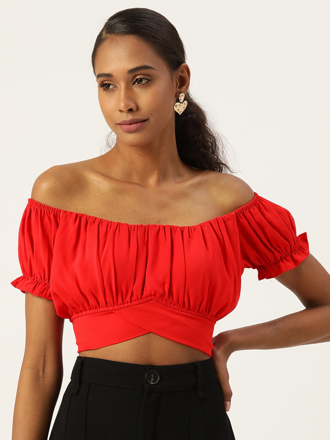 

DIVA WALK EXCLUSIVE Off-Shoulder Puff Sleeves Waist Tie-Ups Crop Crepe Bardot, Red