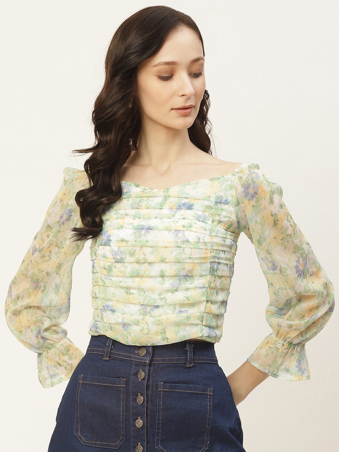 

DIVA WALK EXCLUSIVE Floral Printed Bell Sleeves Top, Green