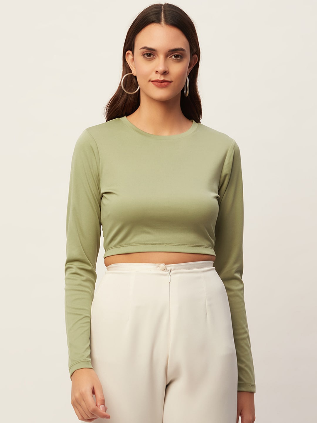 

DIVA WALK EXCLUSIVE Round Neck Long Sleeves Crop Top, Olive