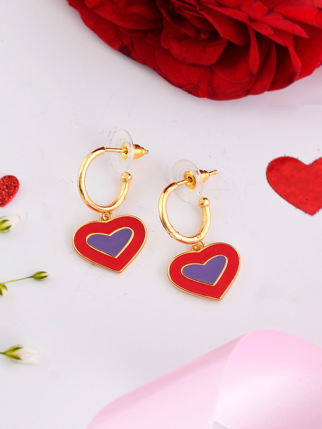 

Voylla Heart Shaped Drop Earrings, Red