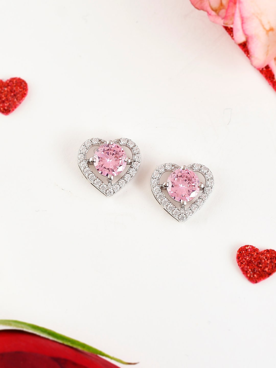 

Studio Voylla 925 Sterling Silver Heart Shape Studs Earrings, Pink